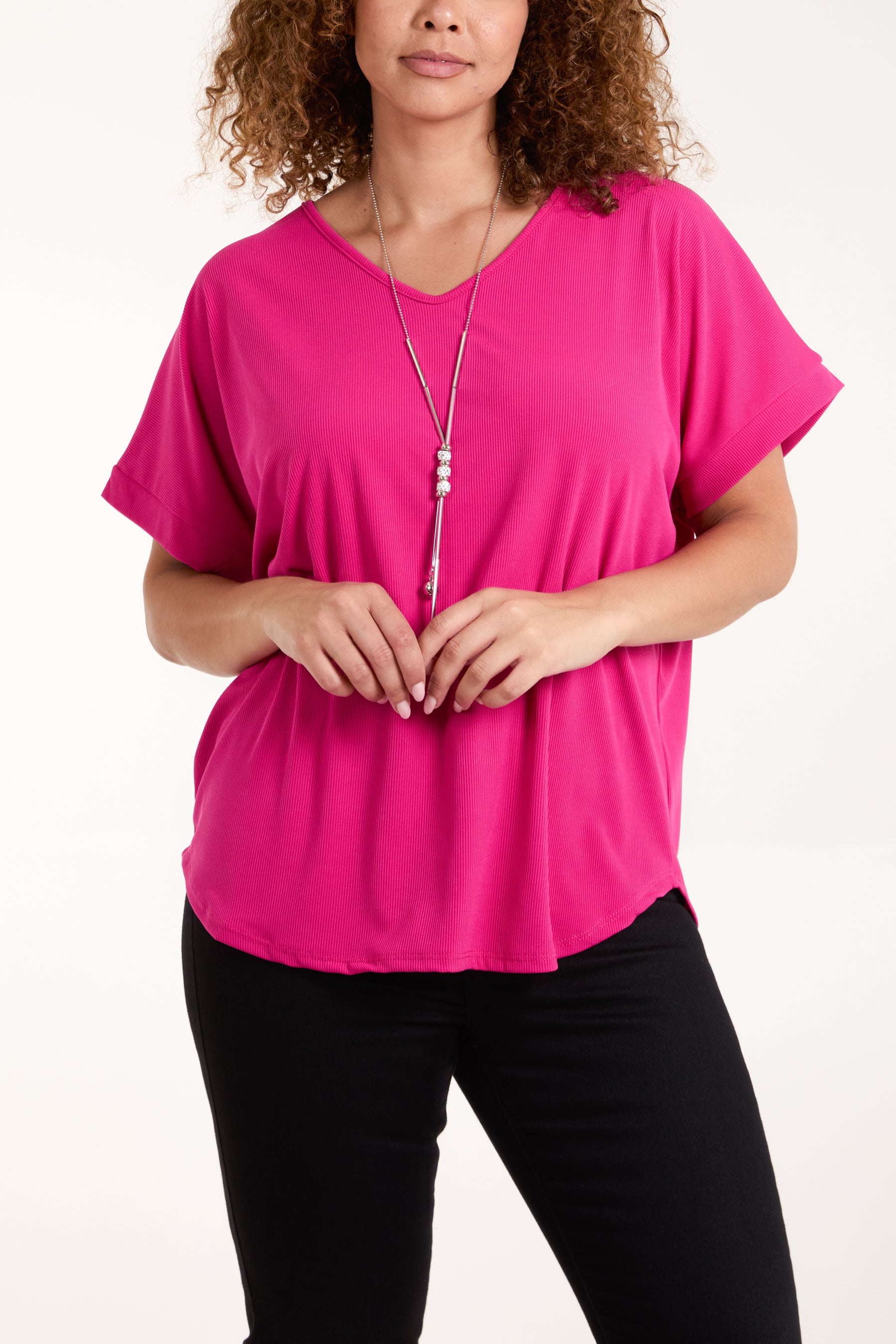Necklace Short Sleeve Ribbed Top