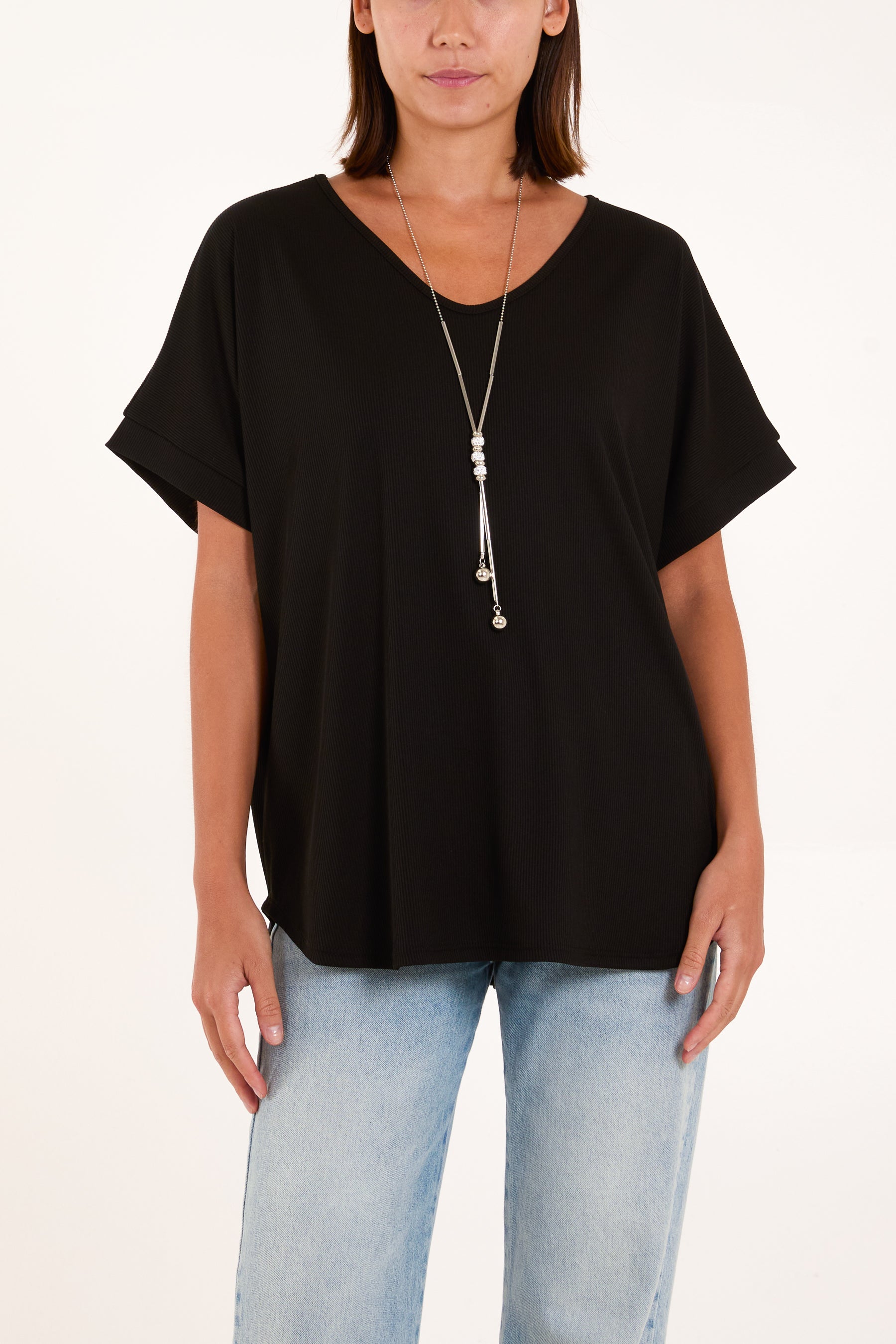 Necklace Short Sleeve Ribbed Top