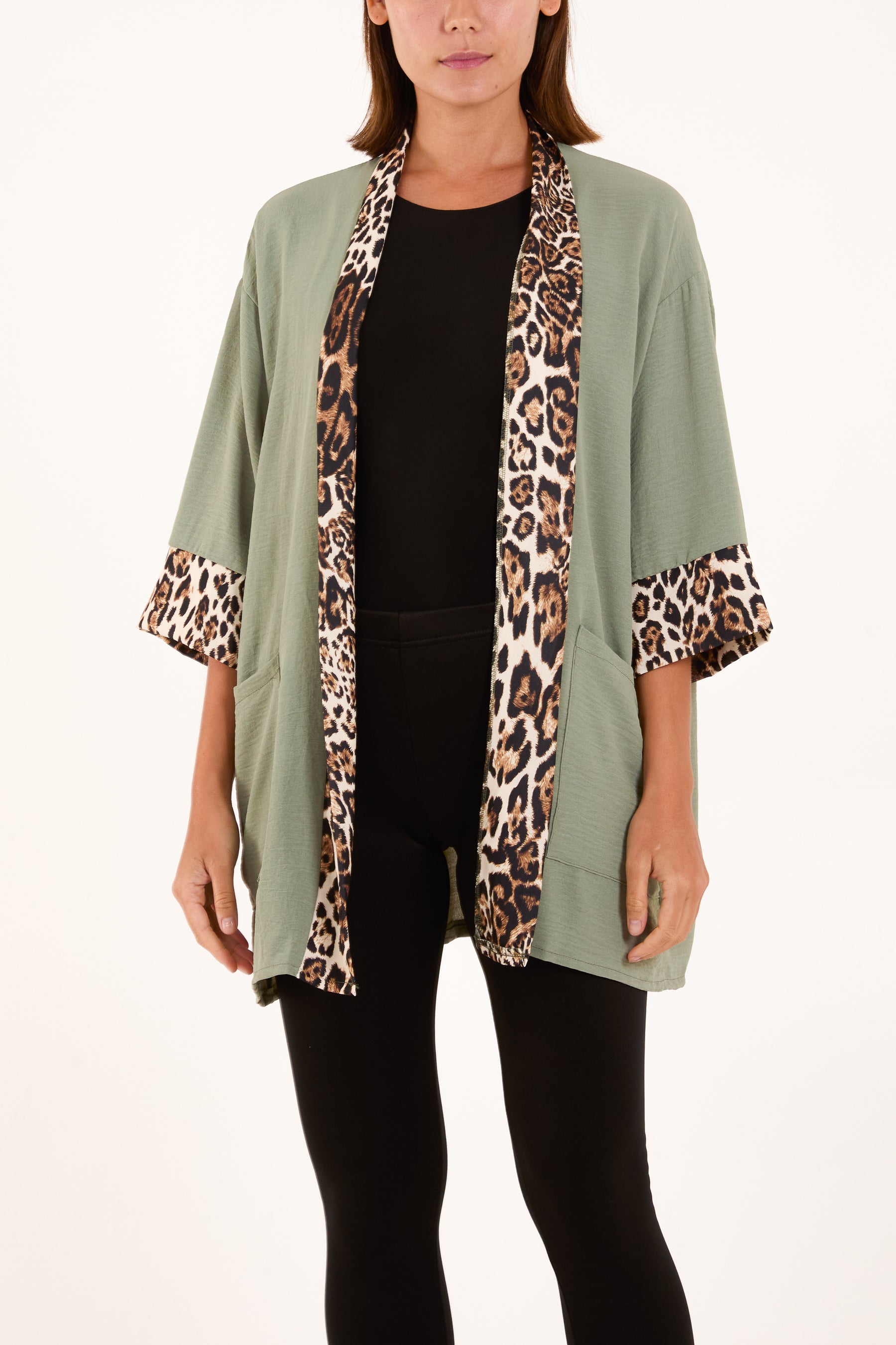 Leopard Print Trim Kimono Jacket