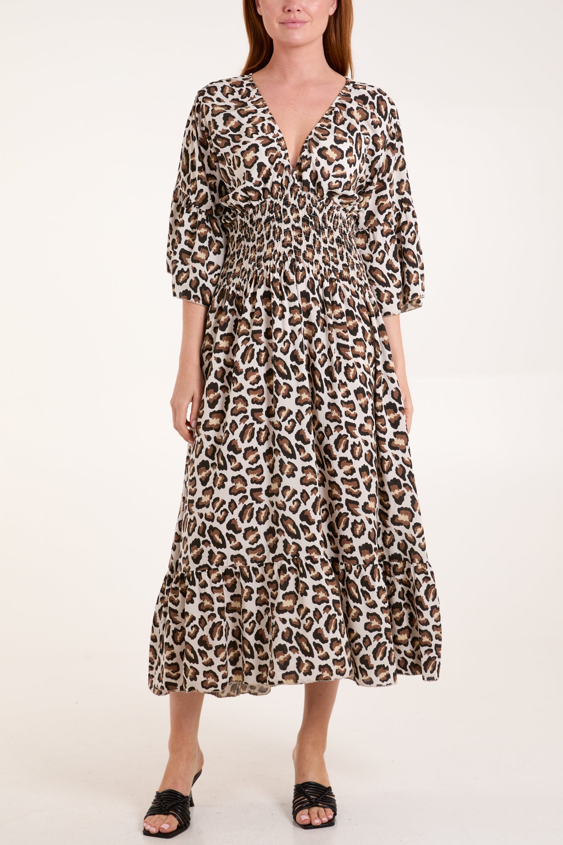 Leopard Shirred Bodice Midi Dress