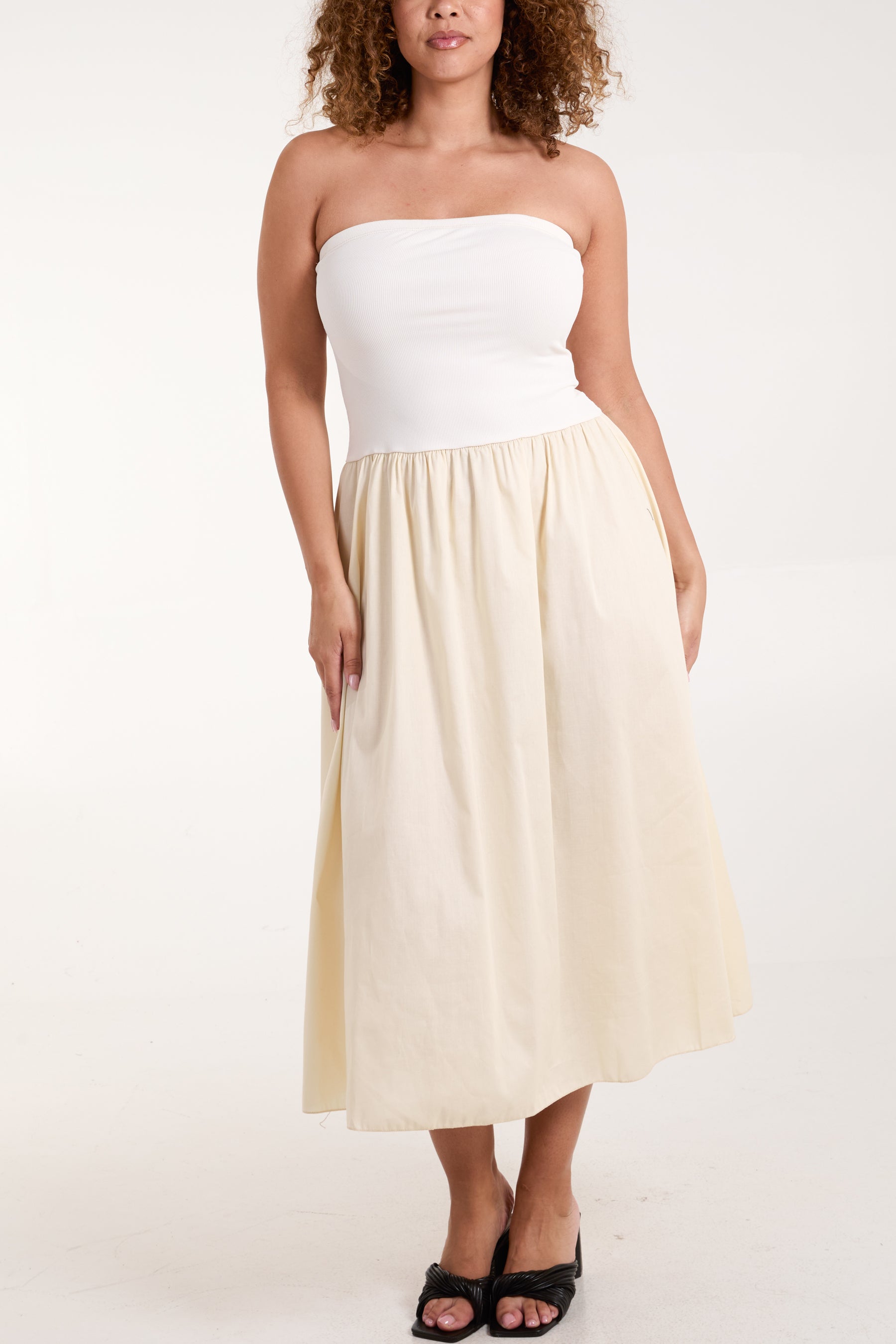 Strapless Structured Midi Dress with Pocket Detail - Beige