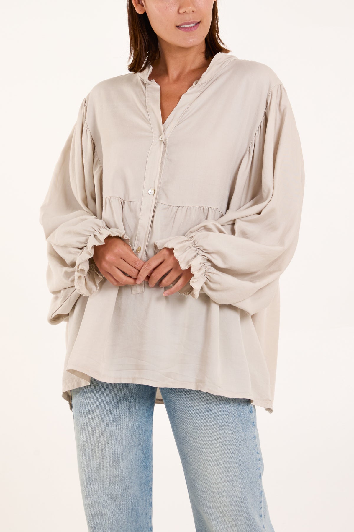 Batwing Ruffle Sleeve Smock Blouse