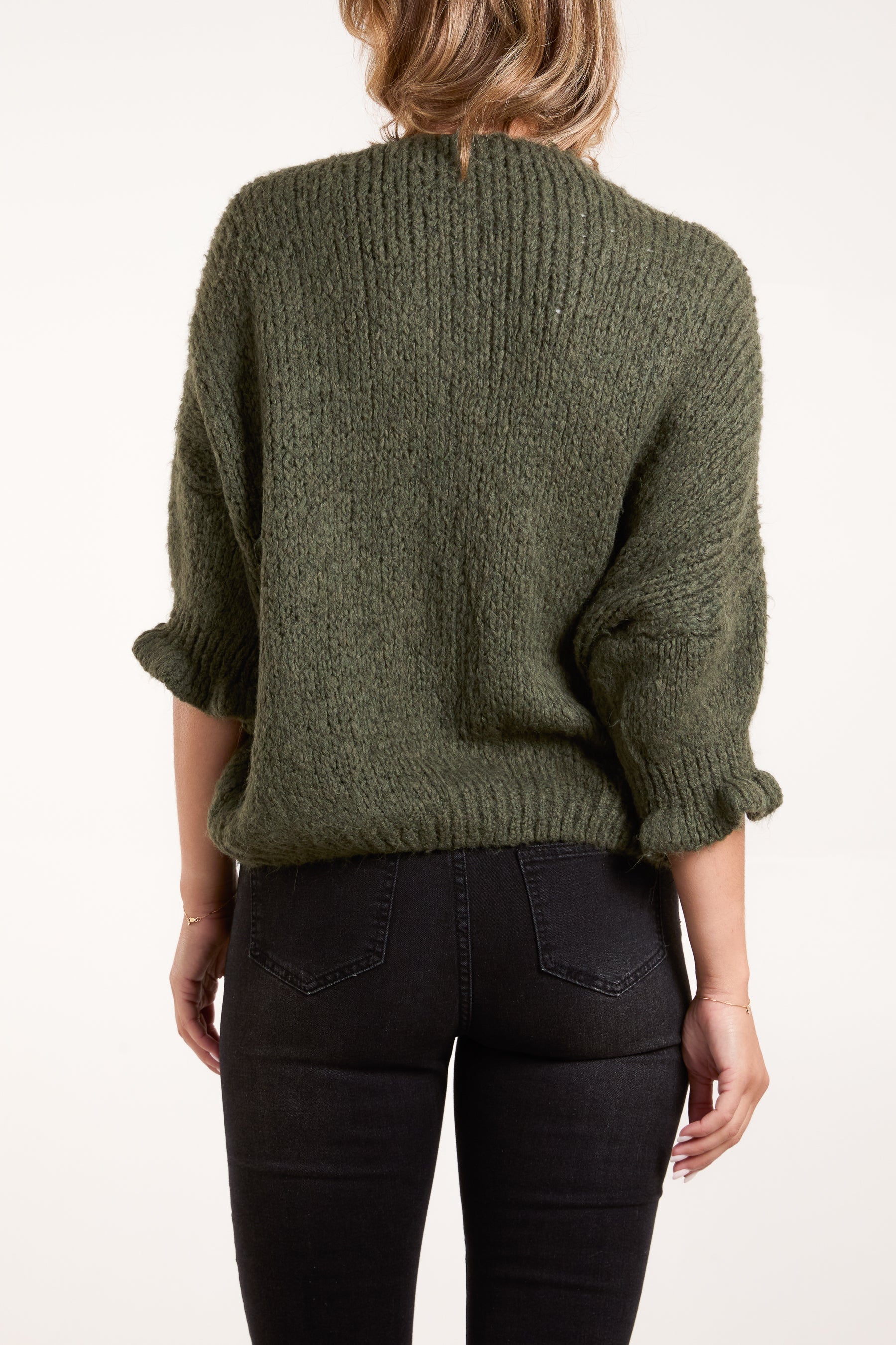Triple Tie Front Frill Sleeve Cardigan