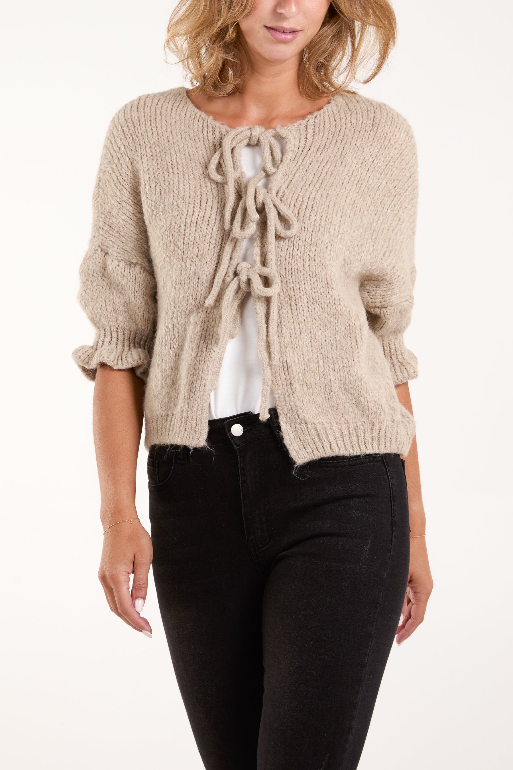 Triple Tie Front Frill Sleeve Cardigan
