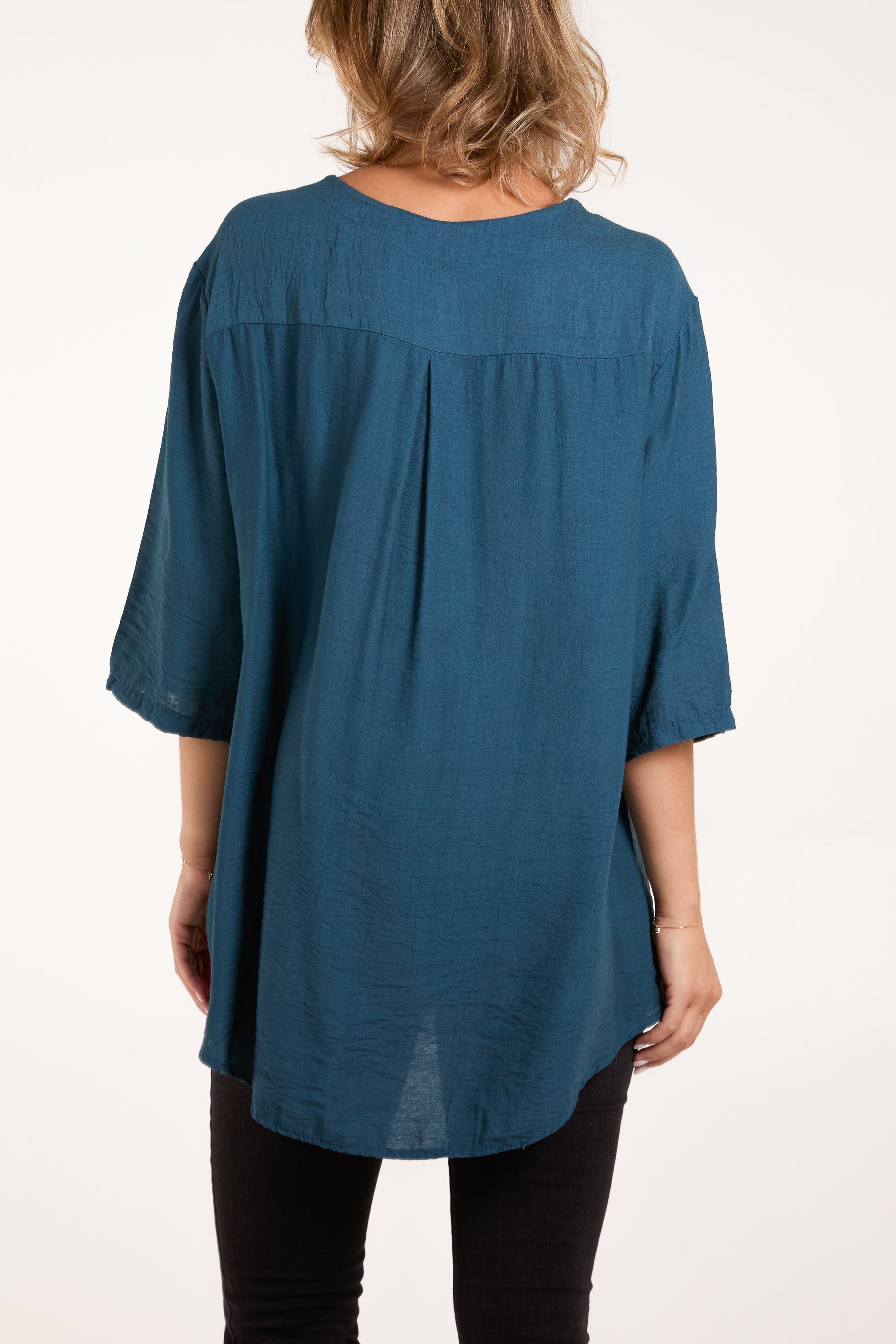 Collarless Button Front Blouse