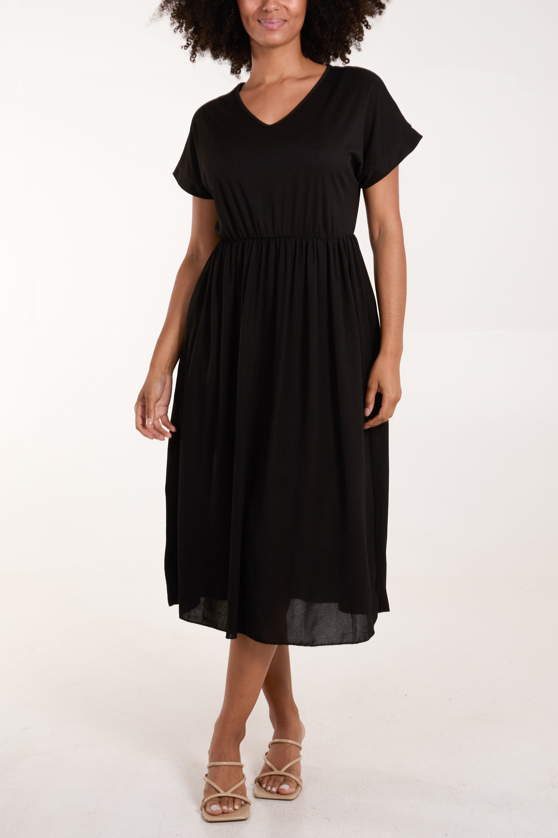 Ribbed Elasticated Bodice Midi Dress