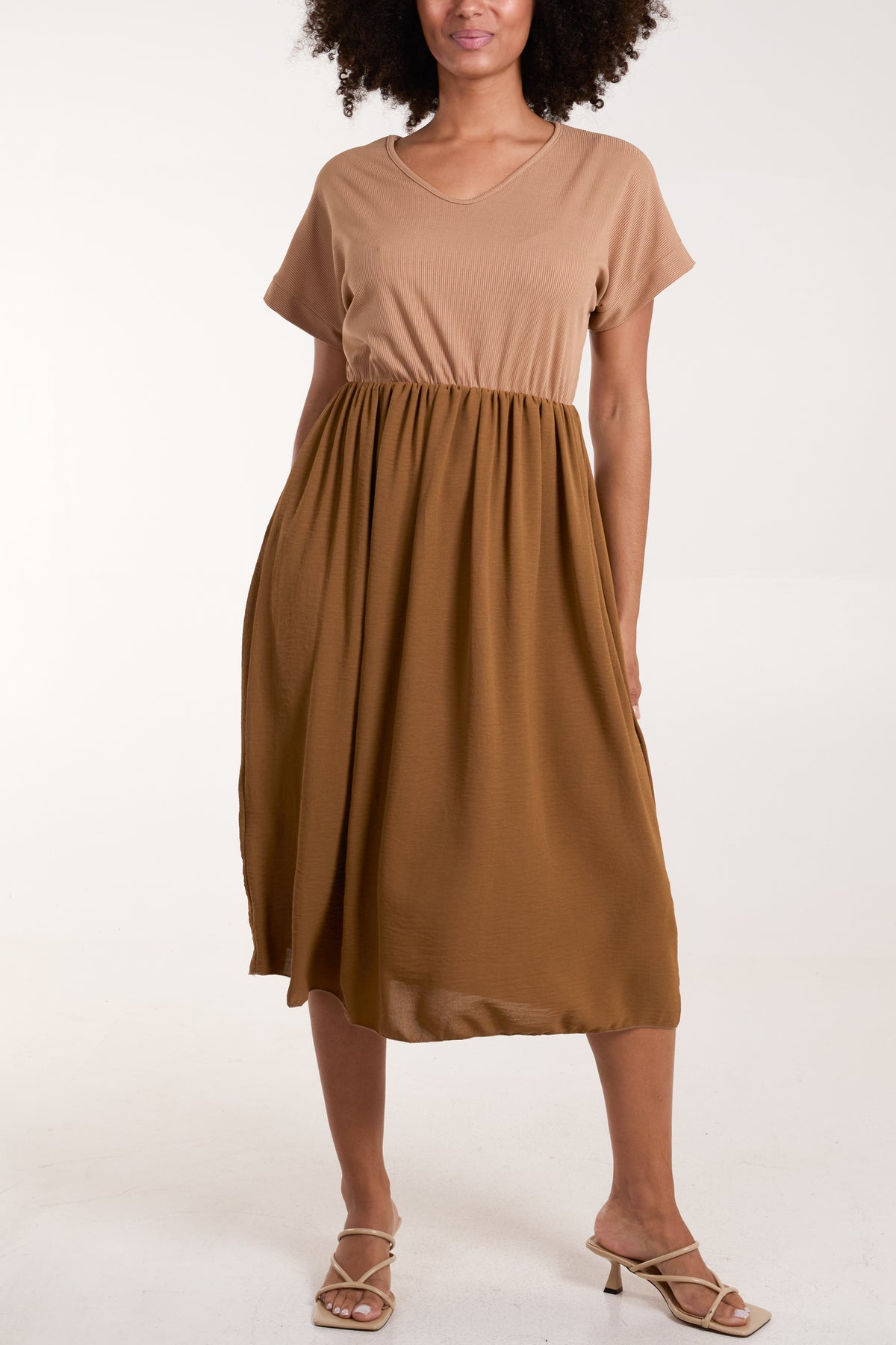Ribbed Elasticated Bodice Midi Dress