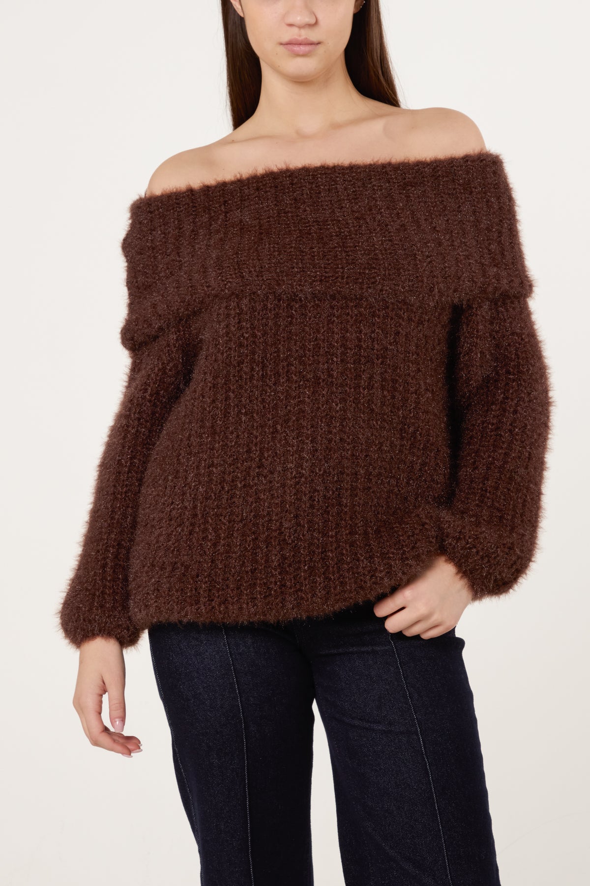 Fluffy Knit Off Shoulders Jumper