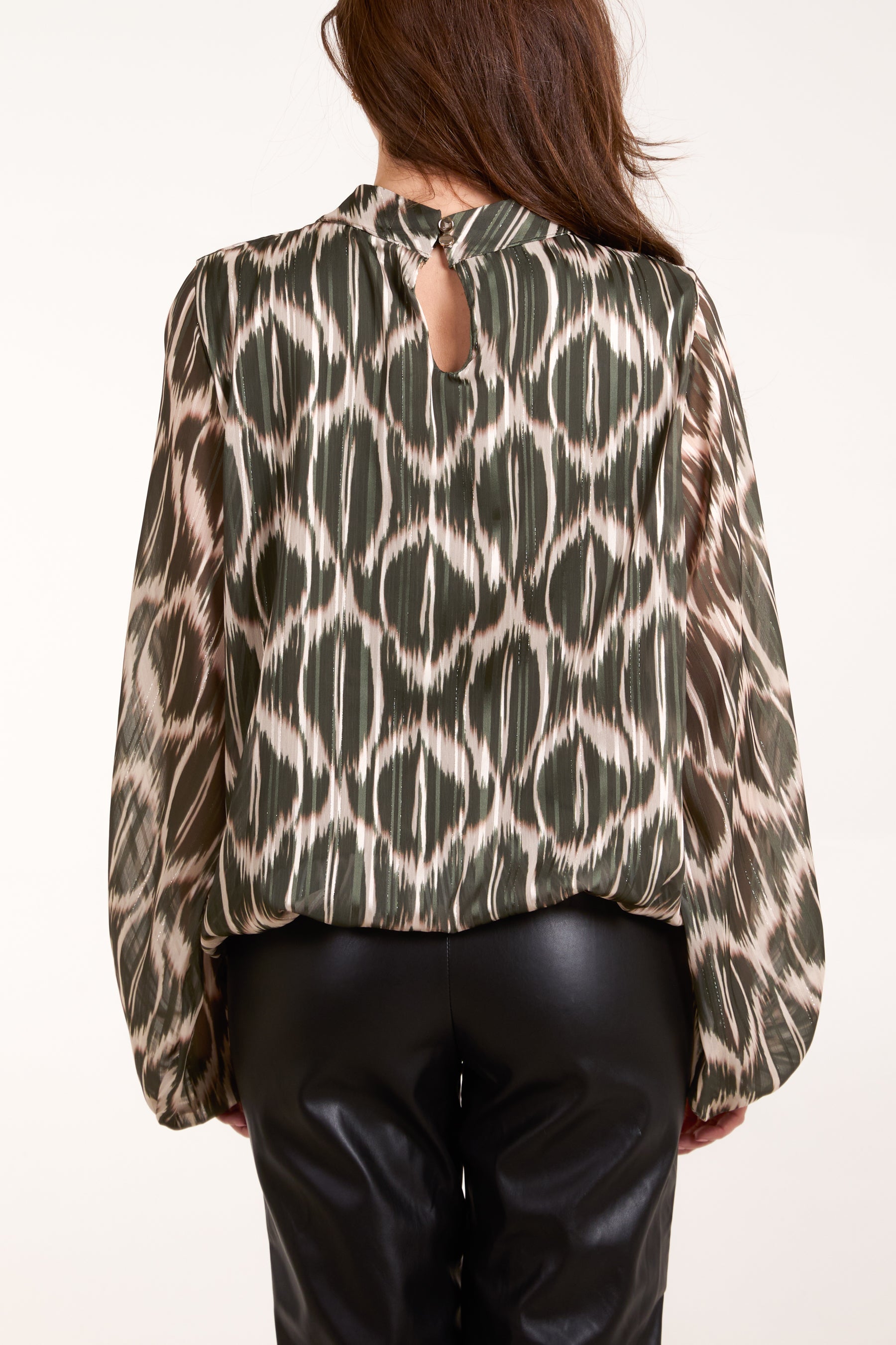 Lurex Geo Print High Neck Blouse