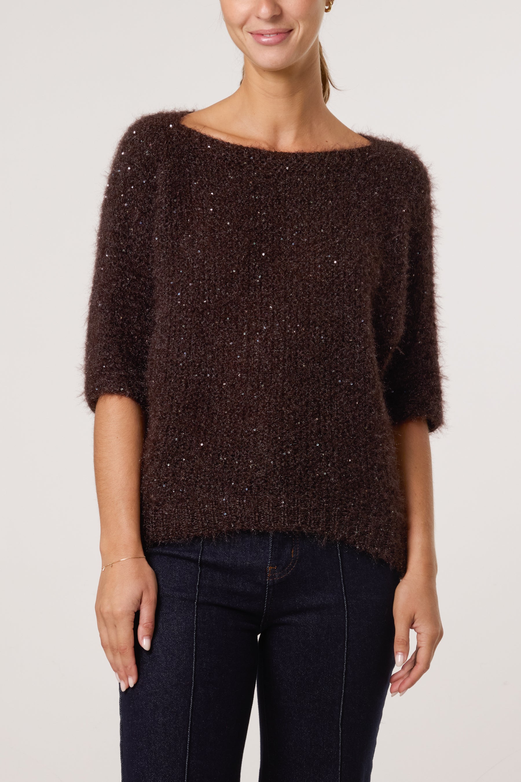 Sequins Fluffy Knit 3/4 Sleeve Jumper