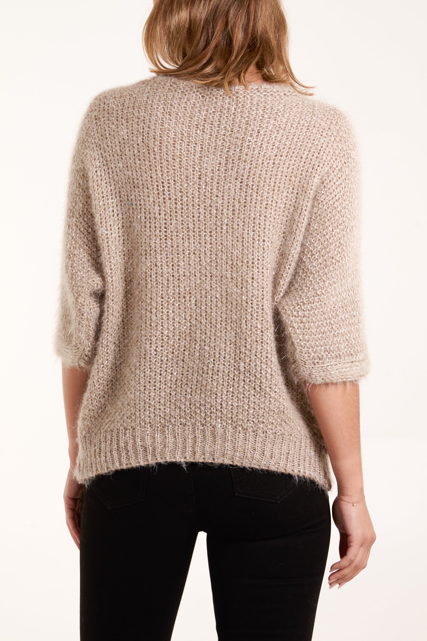 Sequins Fluffy Knit 3/4 Sleeve Jumper