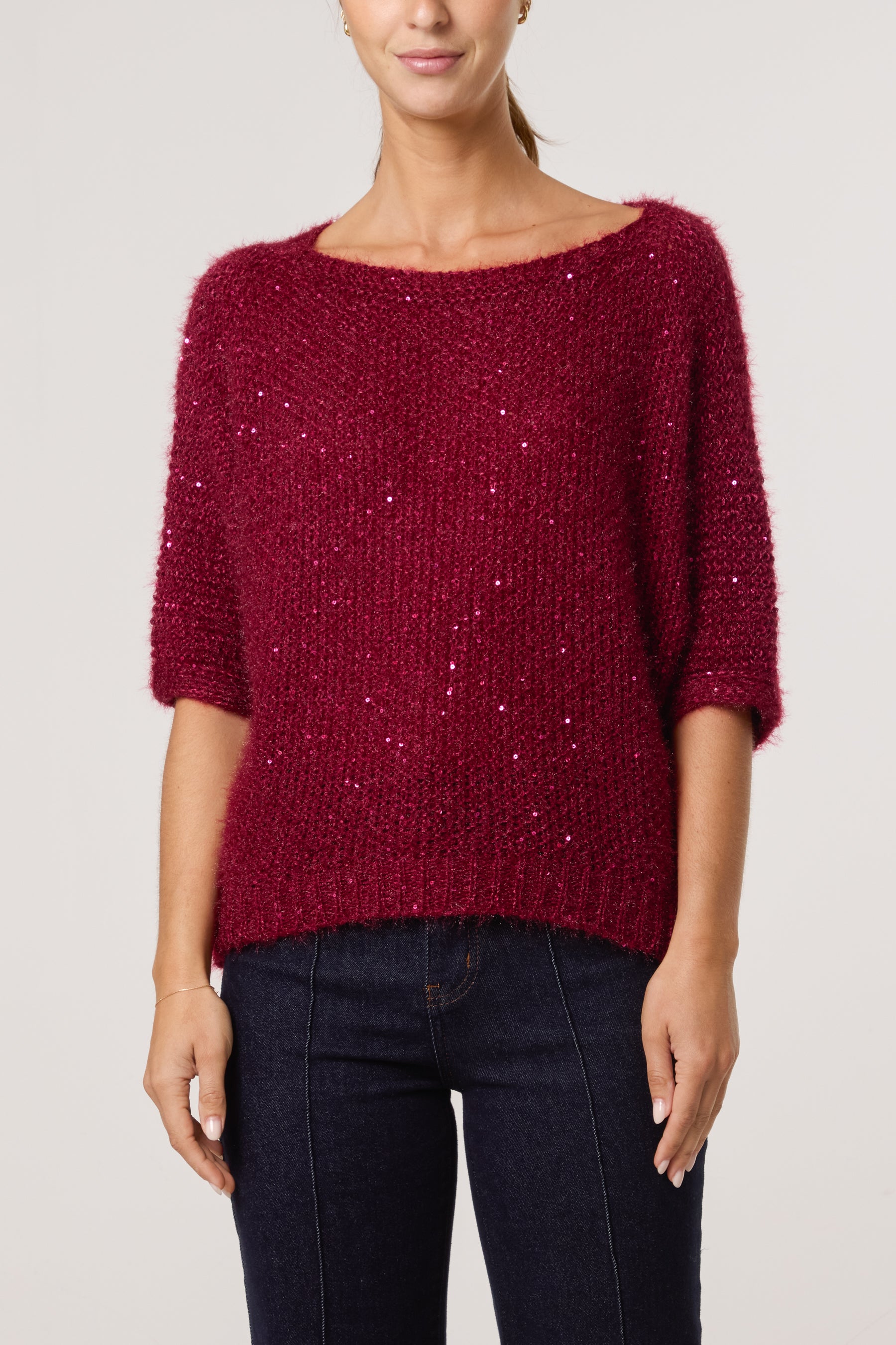 Sequins Fluffy Knit 3/4 Sleeve Jumper