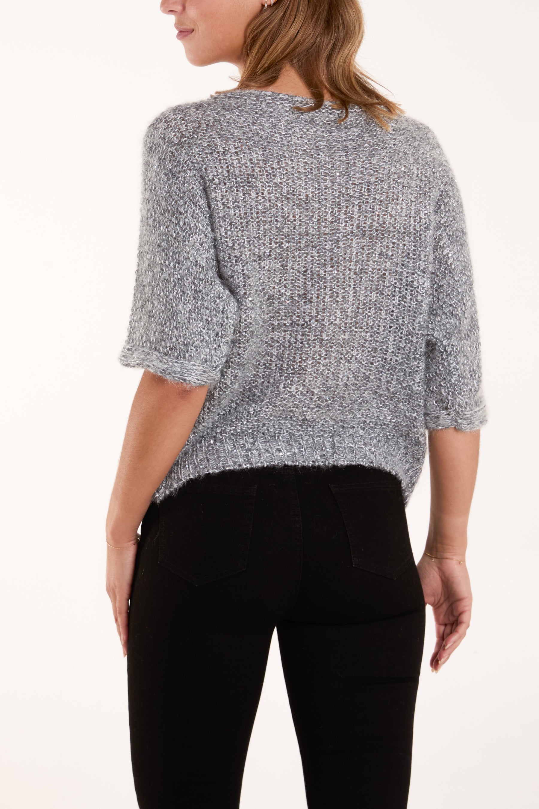 Sequins Fluffy Knit 3/4 Sleeve Jumper
