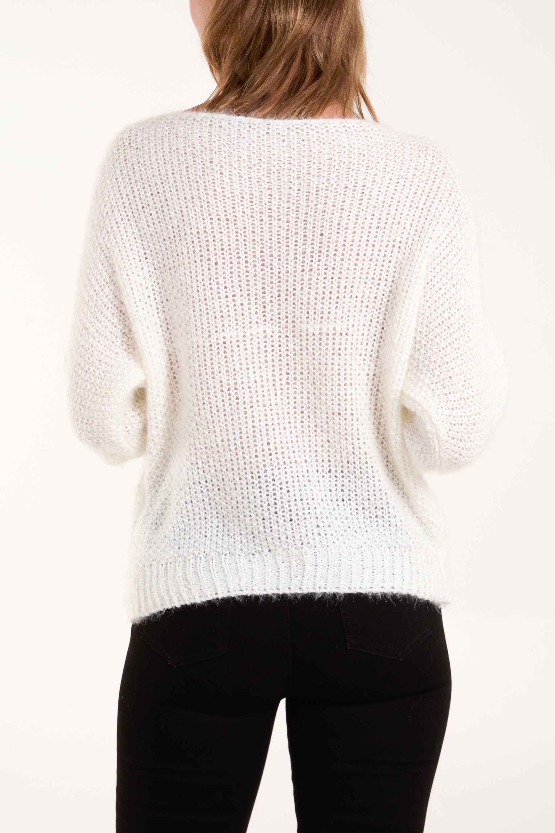 Sequins Fluffy Knit 3/4 Sleeve Jumper