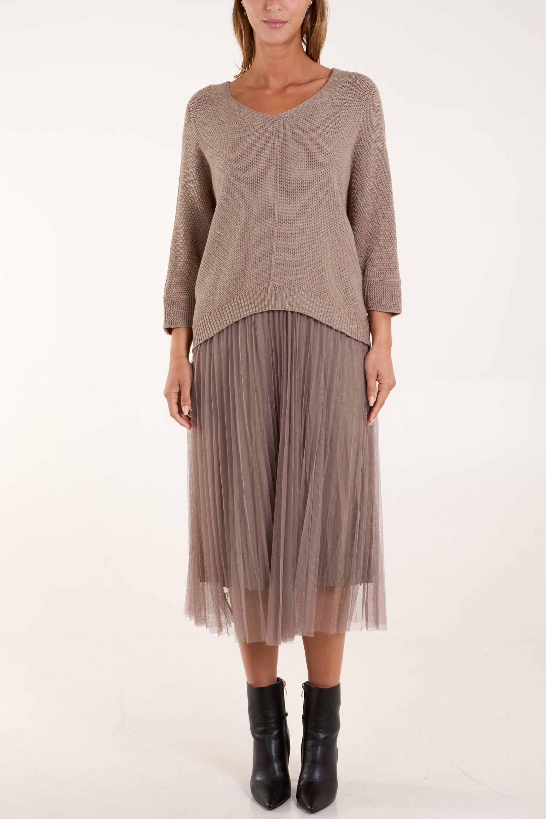 Tulle Dress & Texture Batwing Jumper Set
