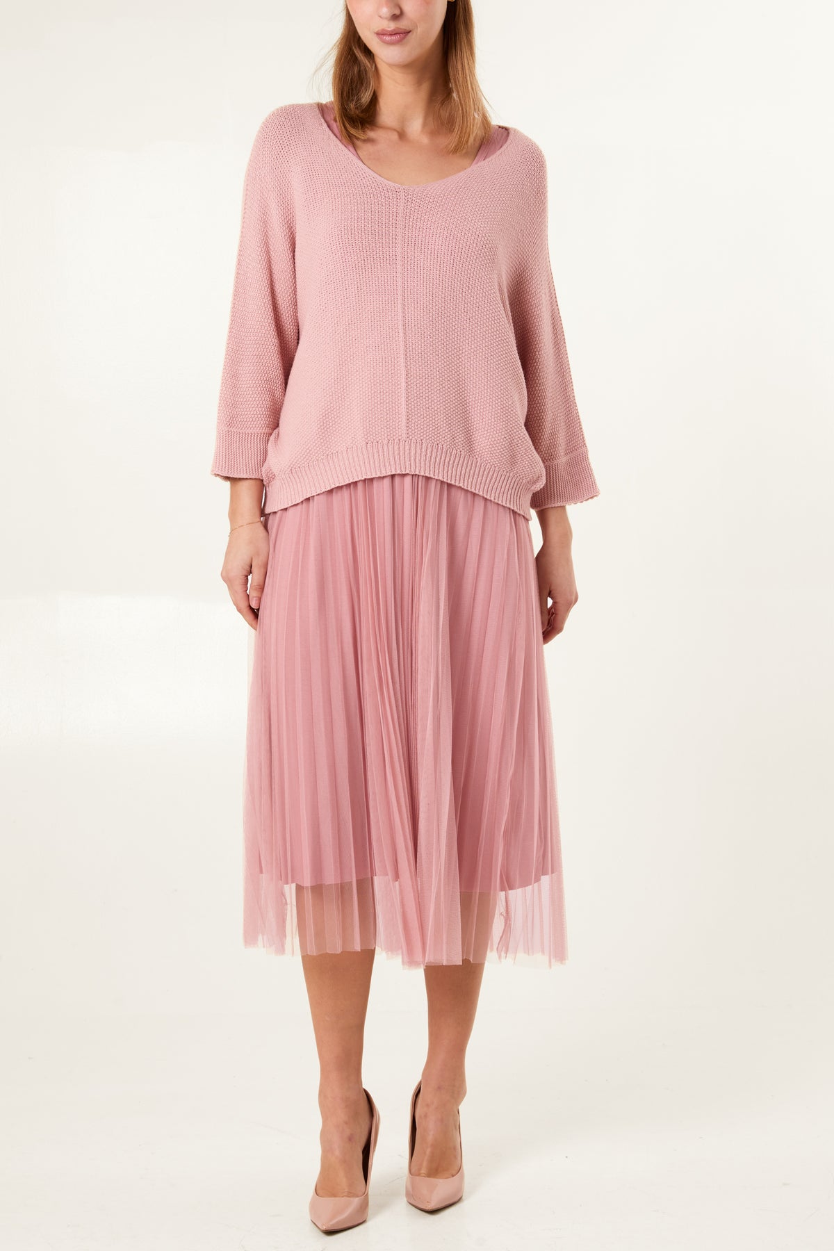 Tulle Dress & Texture Batwing Jumper Set
