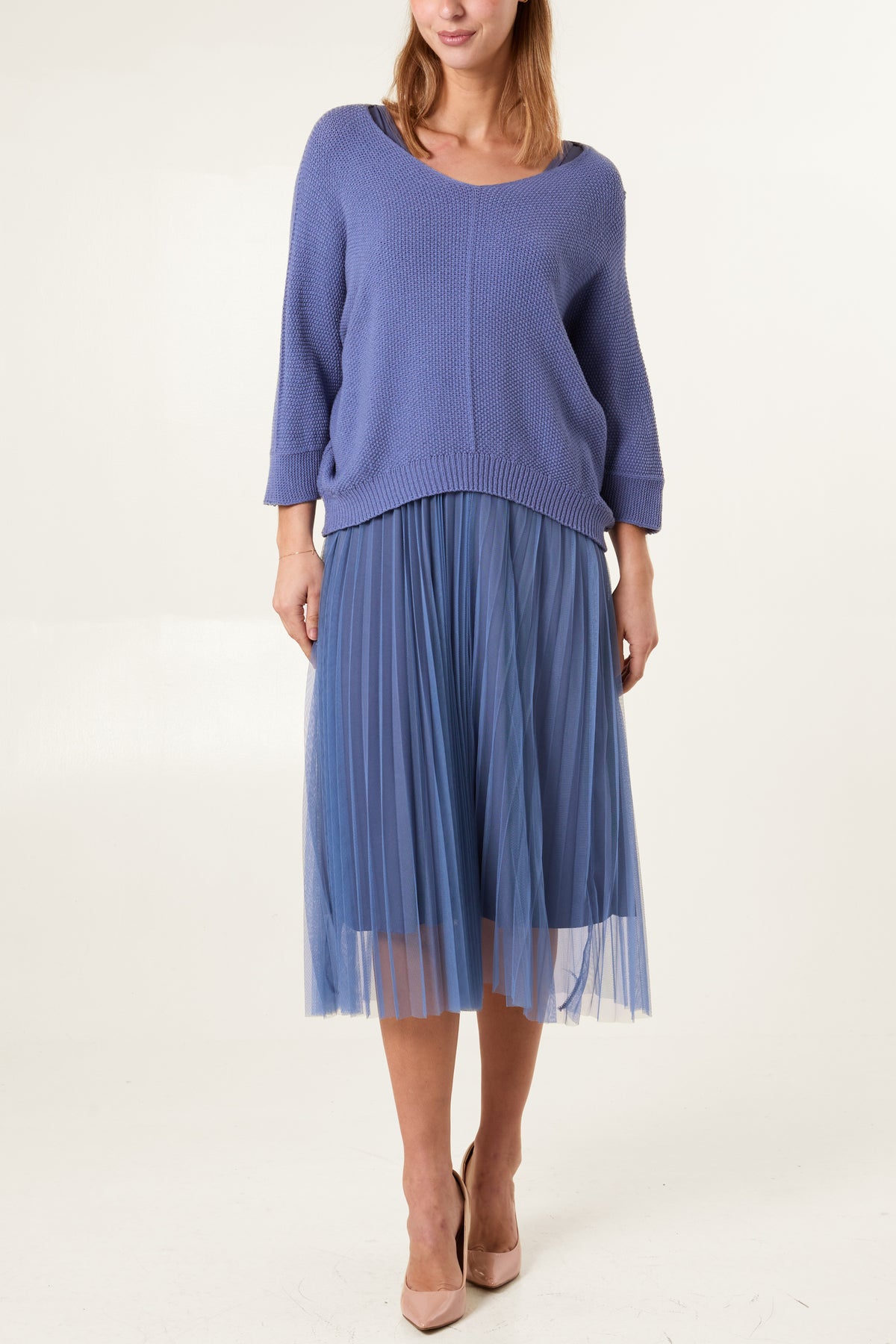 Tulle Dress & Texture Batwing Jumper Set