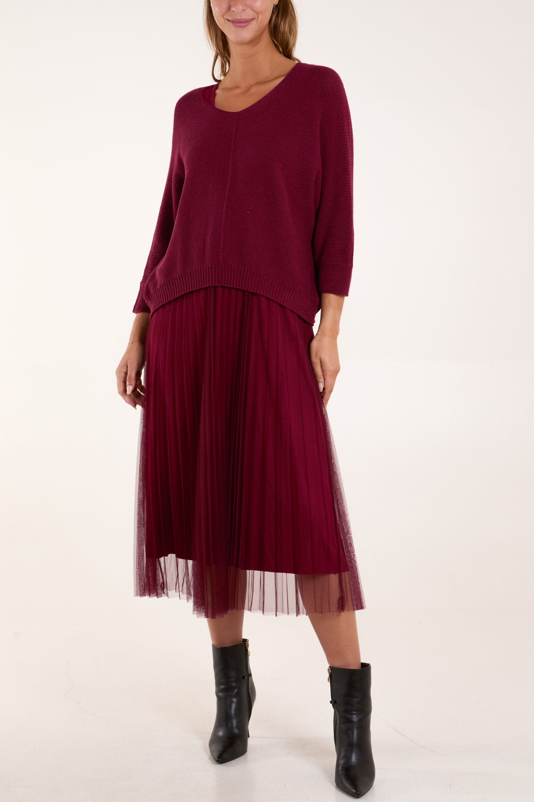 Tulle Dress & Texture Batwing Jumper Set