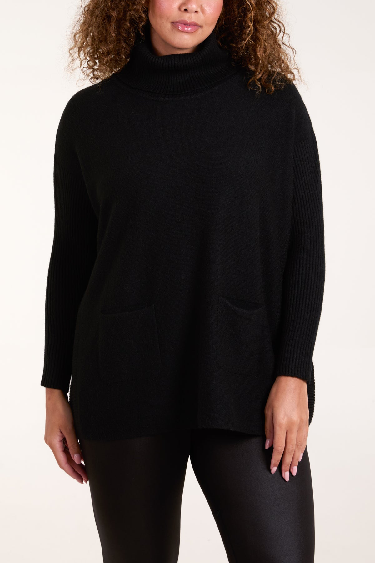Roll Neck Pockets Ribbed Detail Jumper