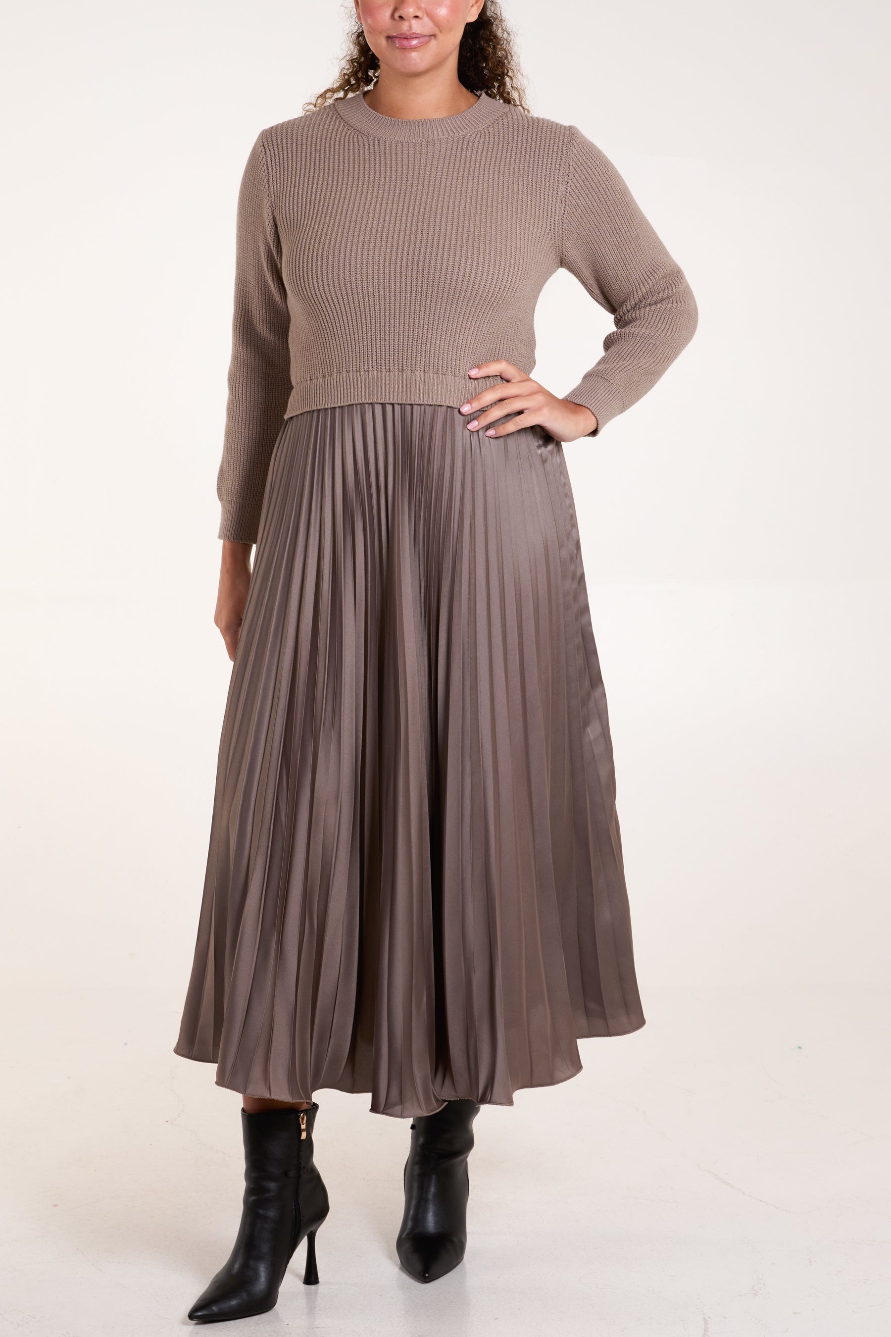 Knitted Top Satin Pleated Skirt Dress Knitted Top Satin Pleated Skirt Dress