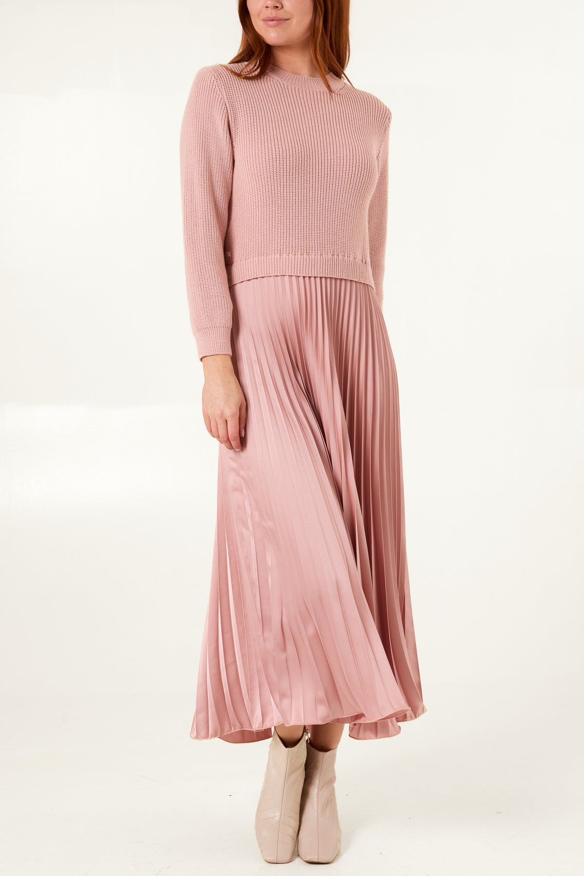 Knitted Top Satin Pleated Skirt Dress