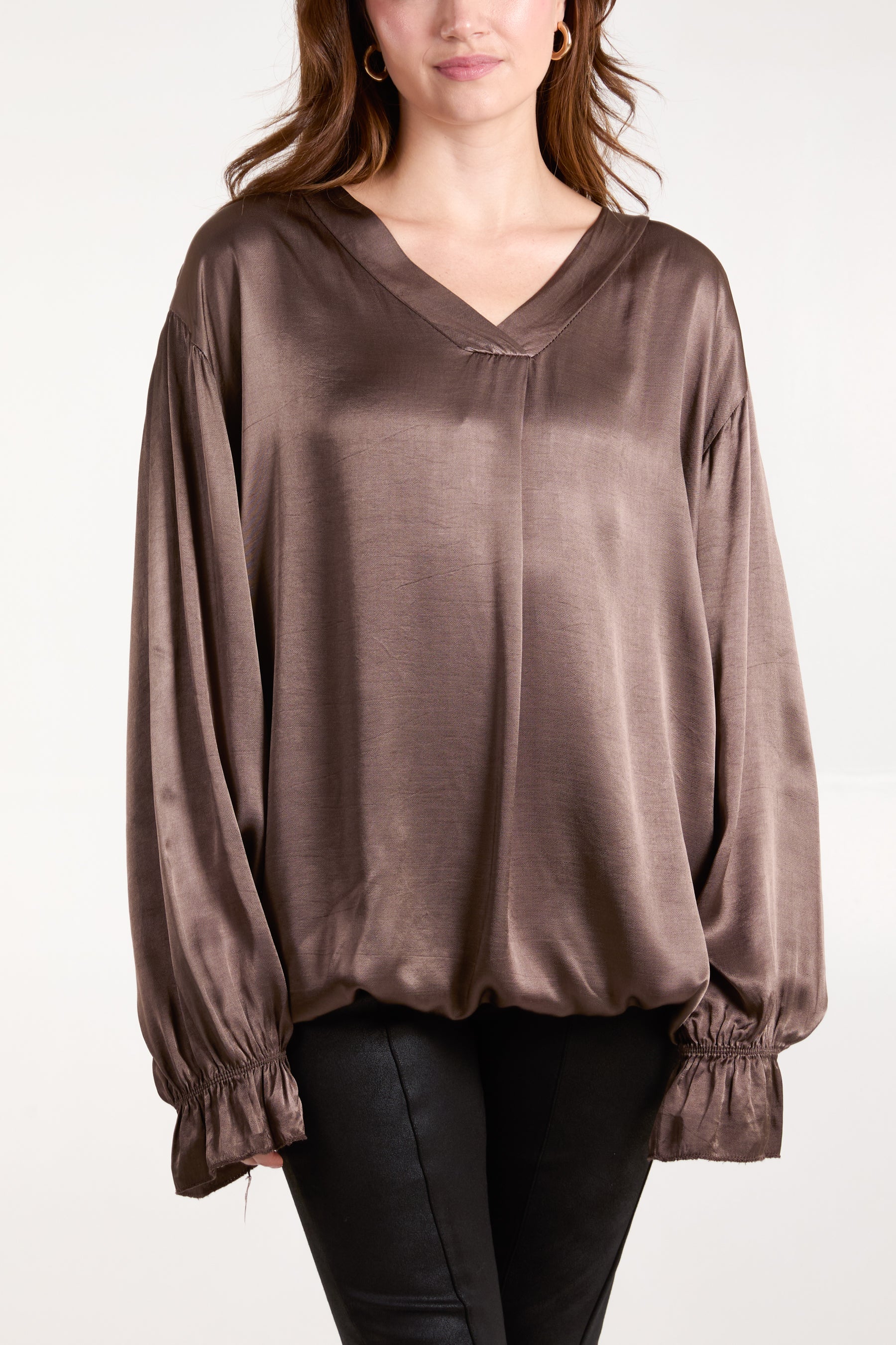 Satin V-Neck Long Sleeve Blouse