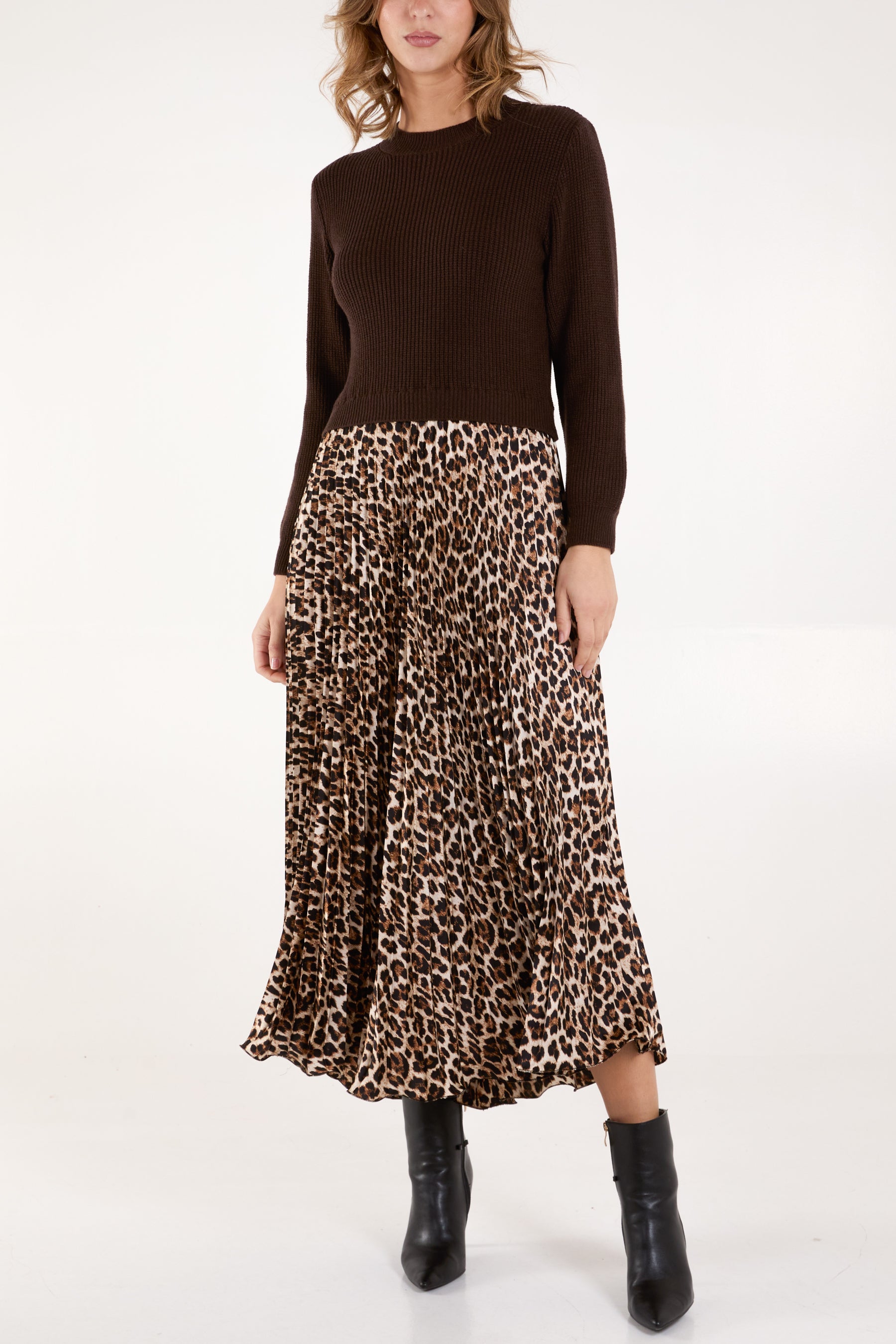 Jumper & Leopard Pleated Skirt Dress