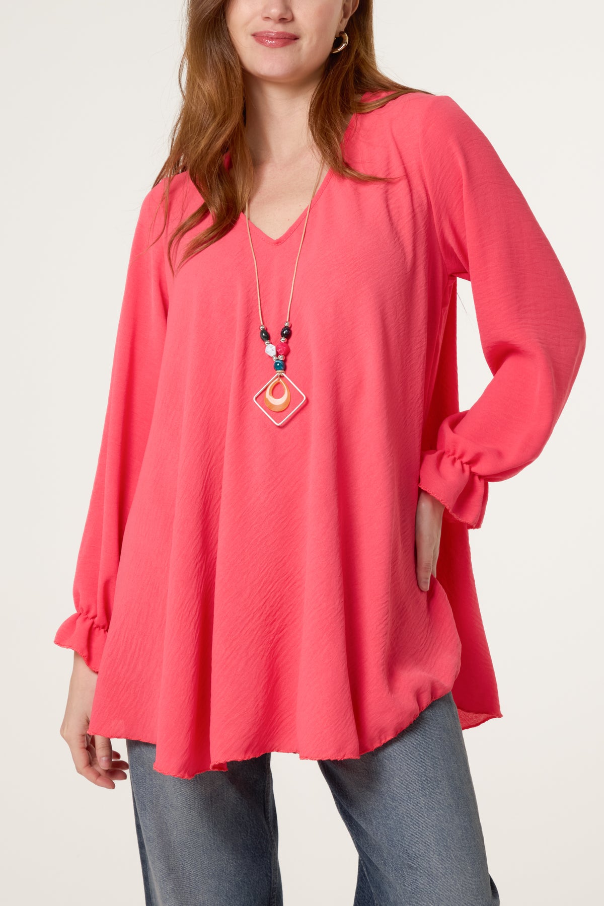Necklace V-Neck Bell Sleeve Blouse