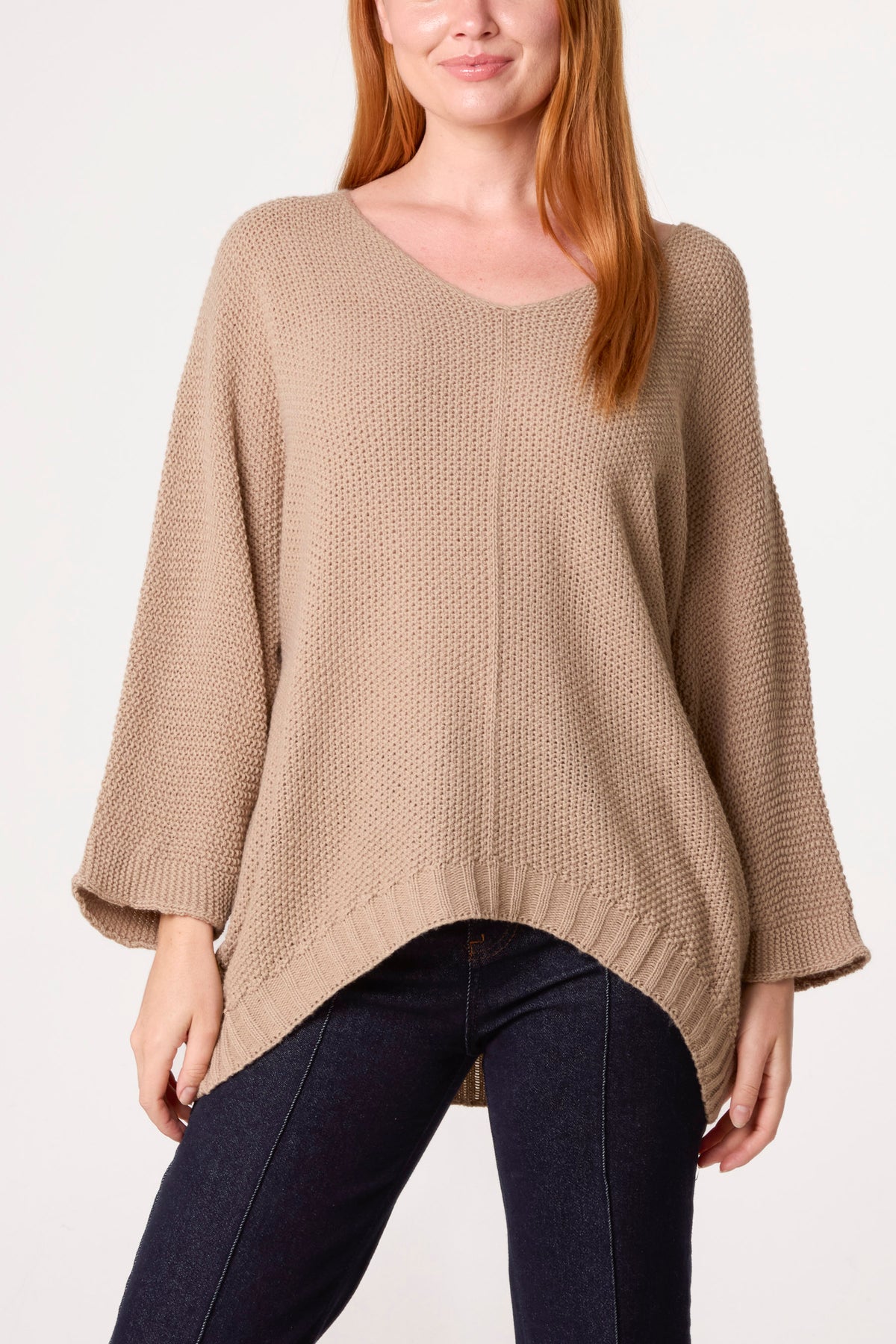 V-Neck Textured Batwing Jumper