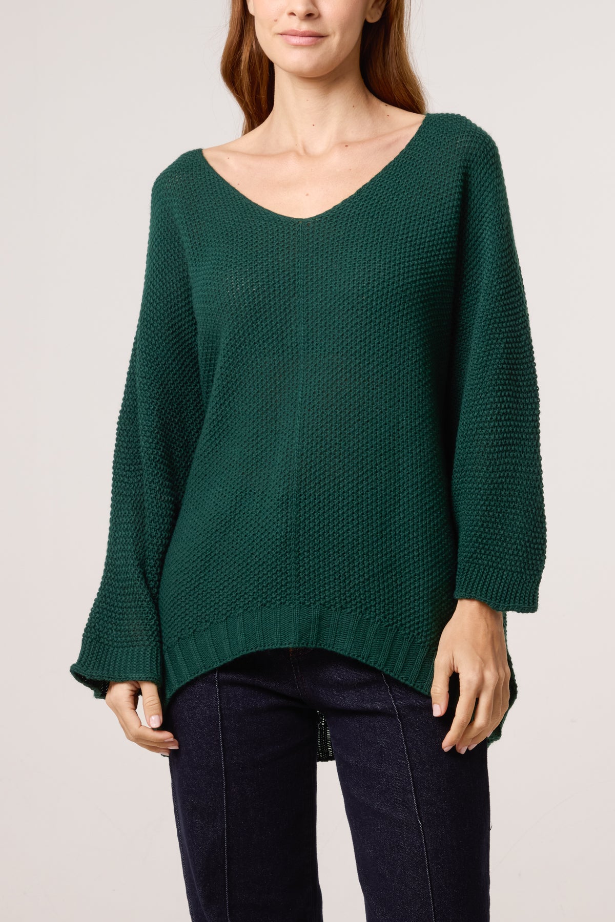 V-Neck Textured Batwing Jumper