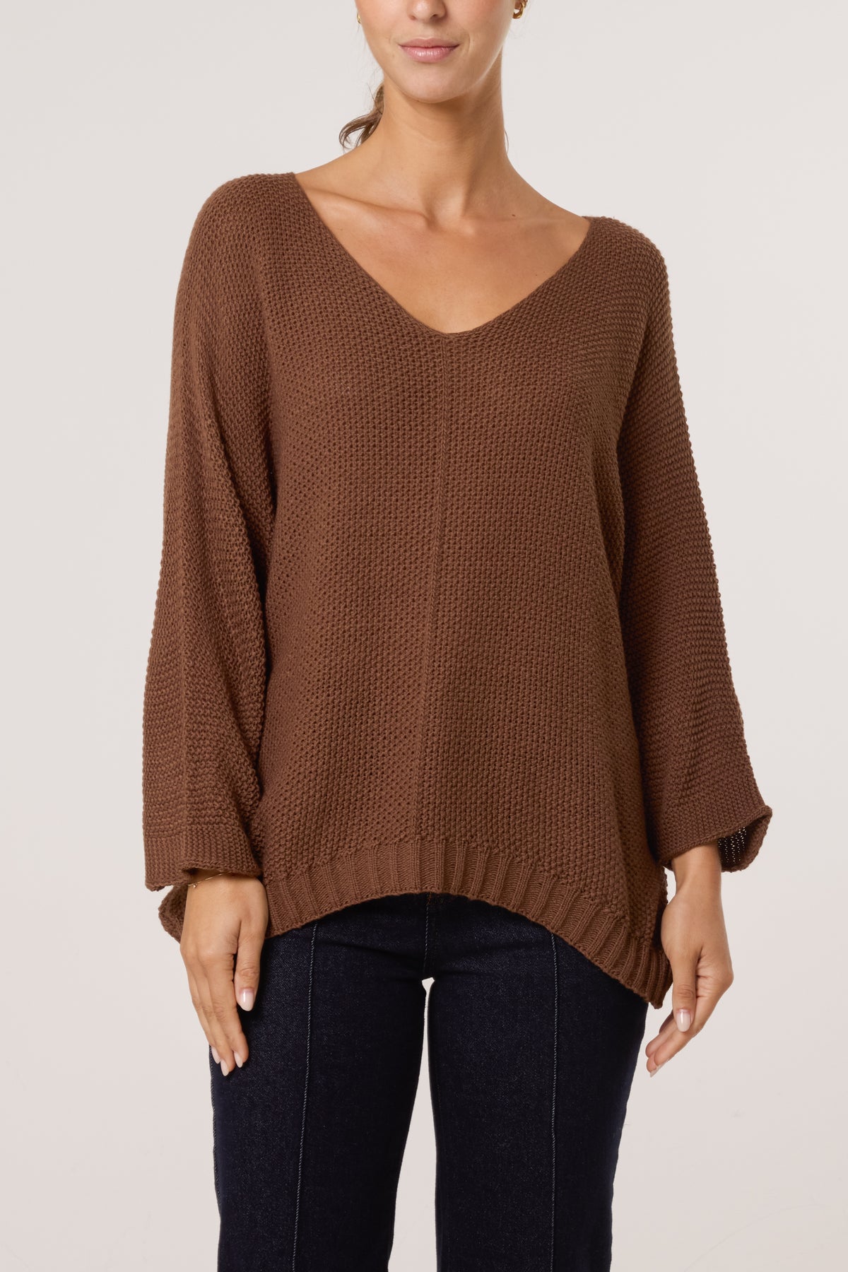 V-Neck Textured Batwing Jumper