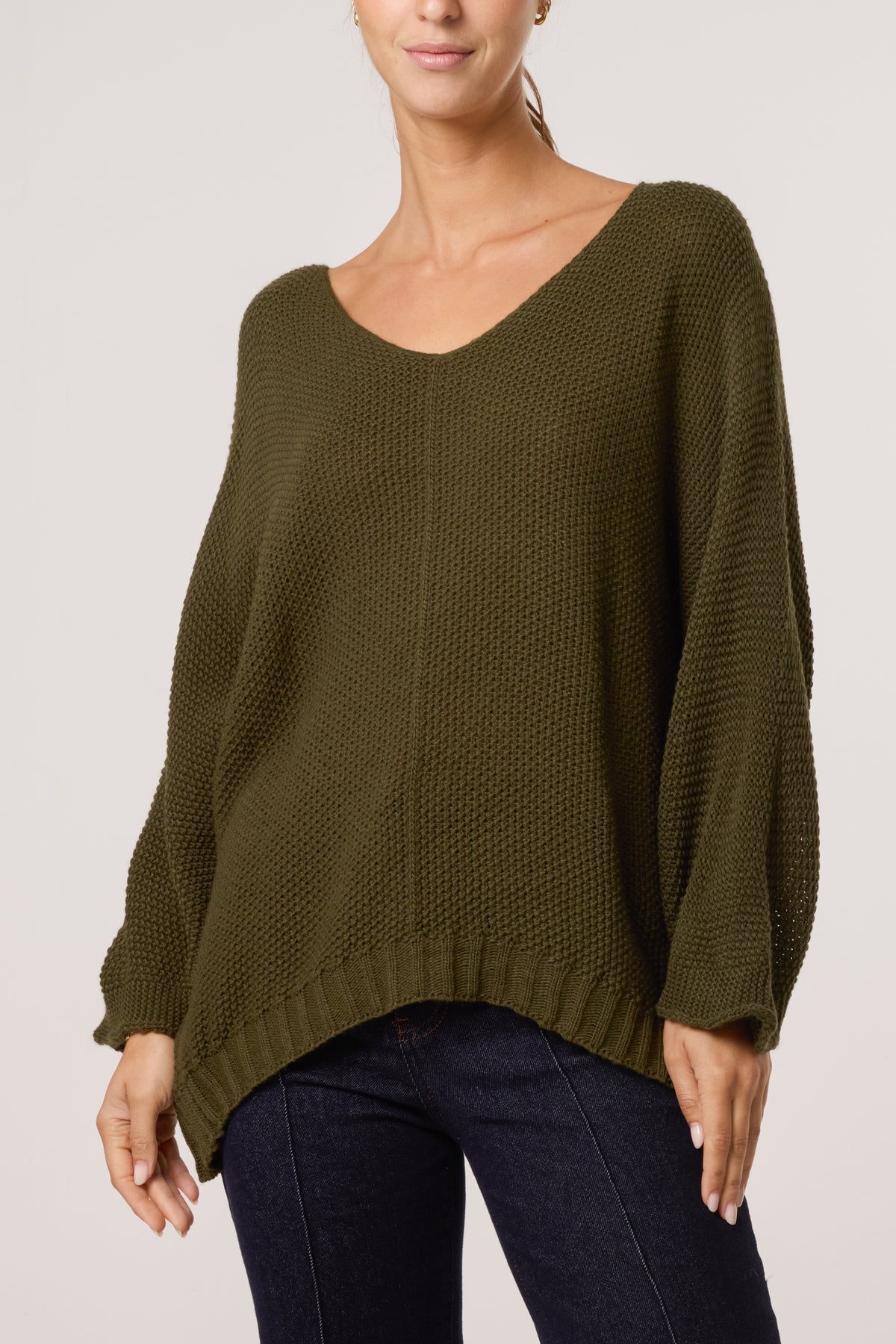 V-Neck Textured Batwing Jumper