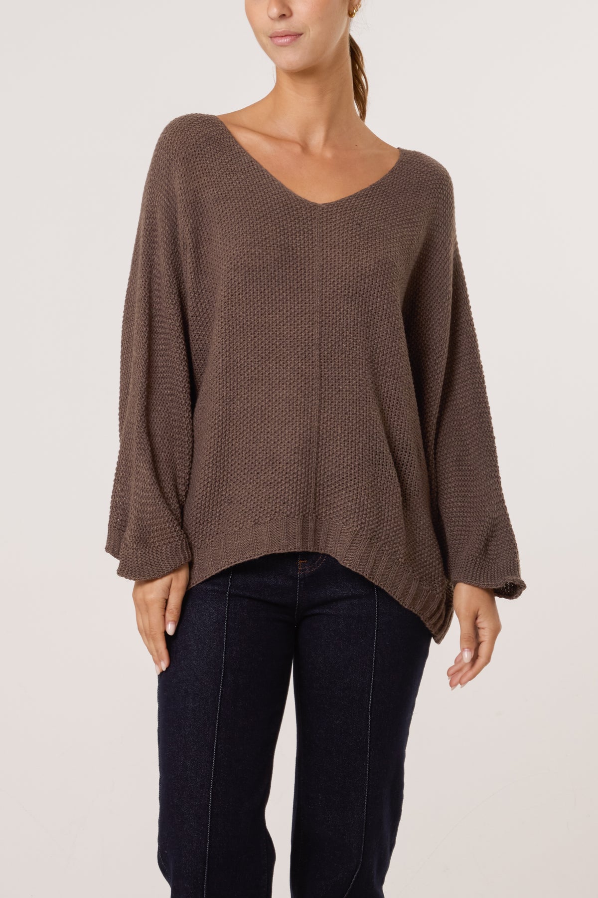 V-Neck Textured Batwing Jumper