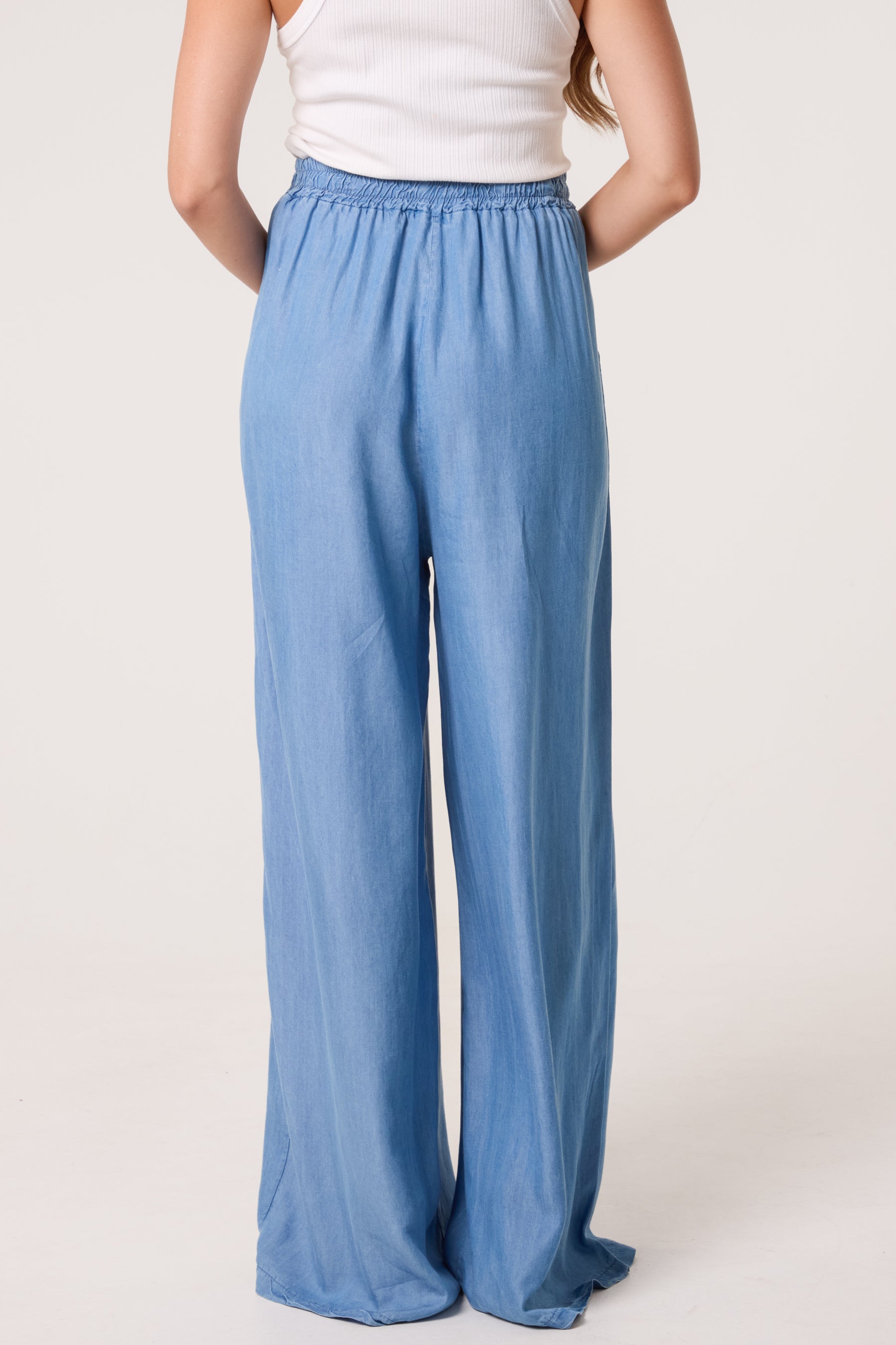 Denim Drawstring Wide Leg Trousers