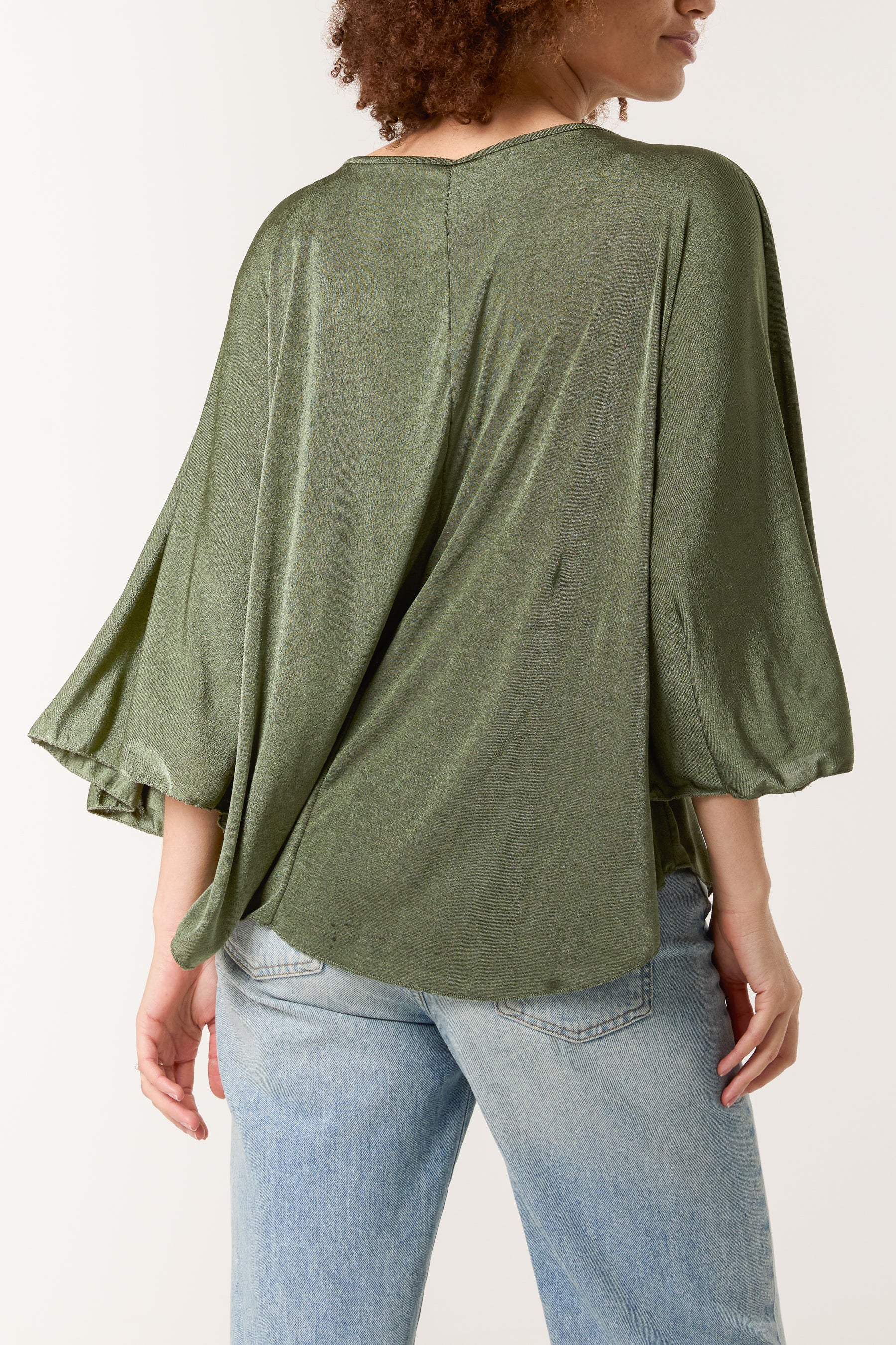 Boat Neck Flare Sleeve Acetate Top