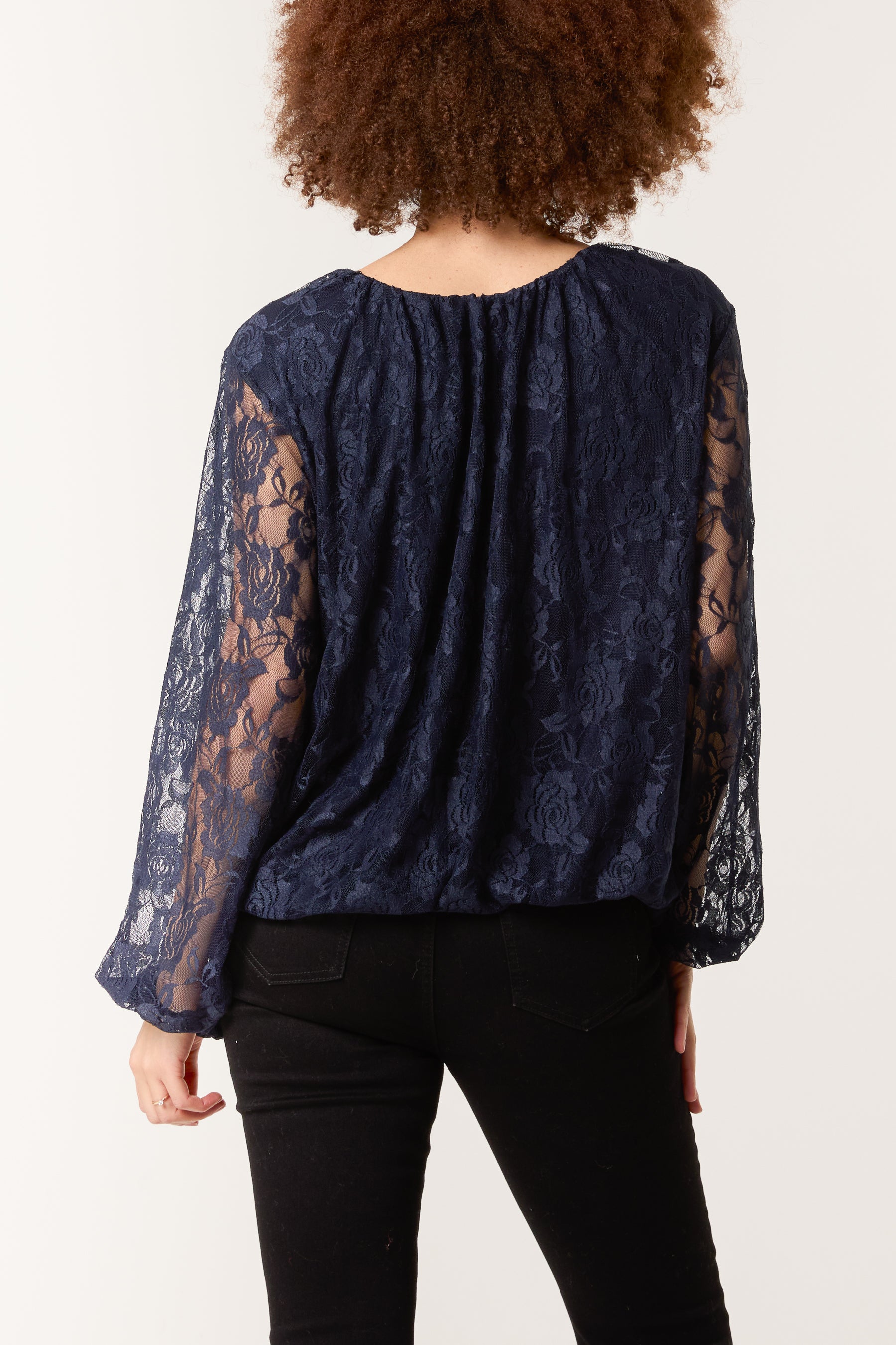 Round Neck Puffball Sleeve Lace Top