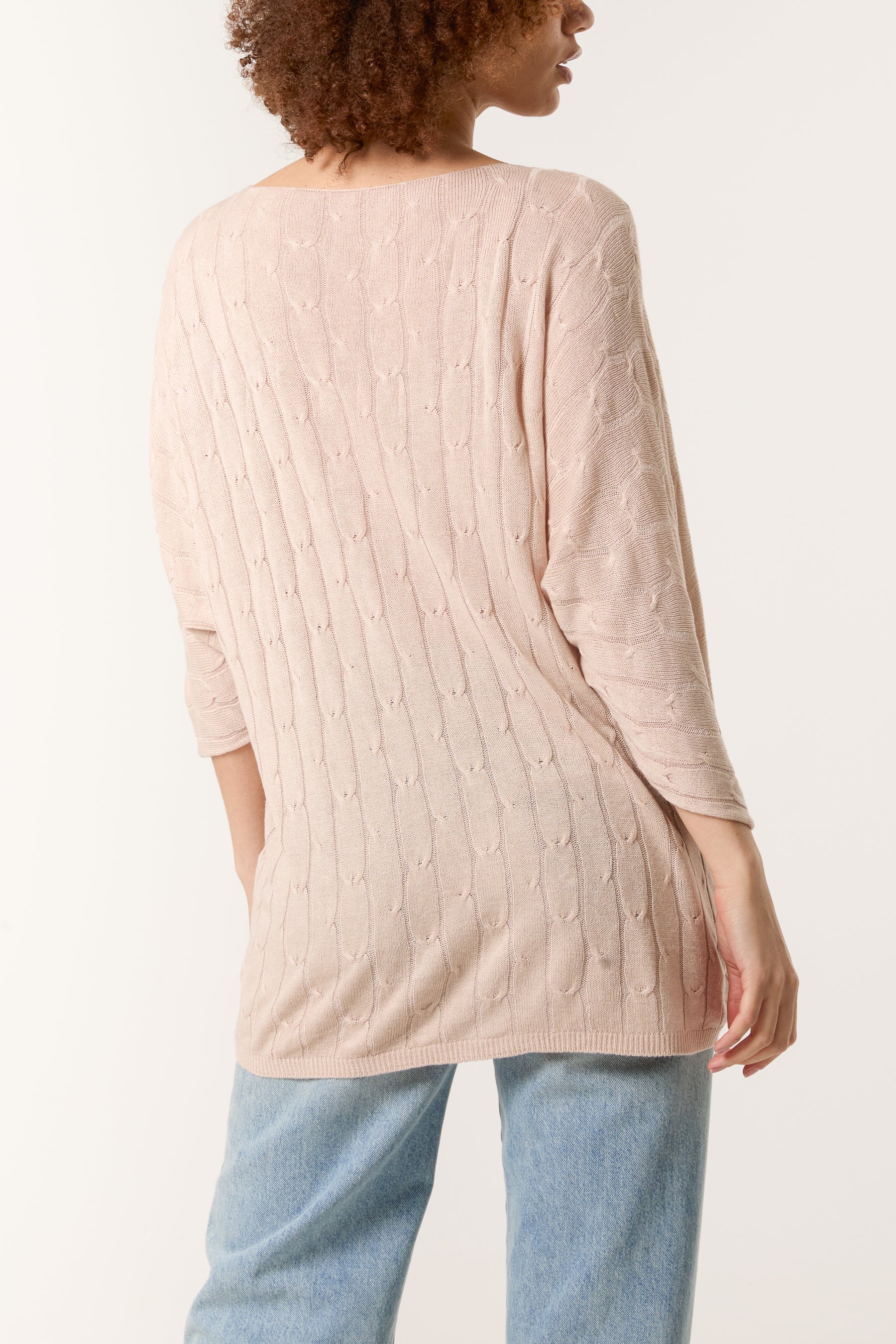 V-Neck Cable Knit 3/4 Sleeve Jumper