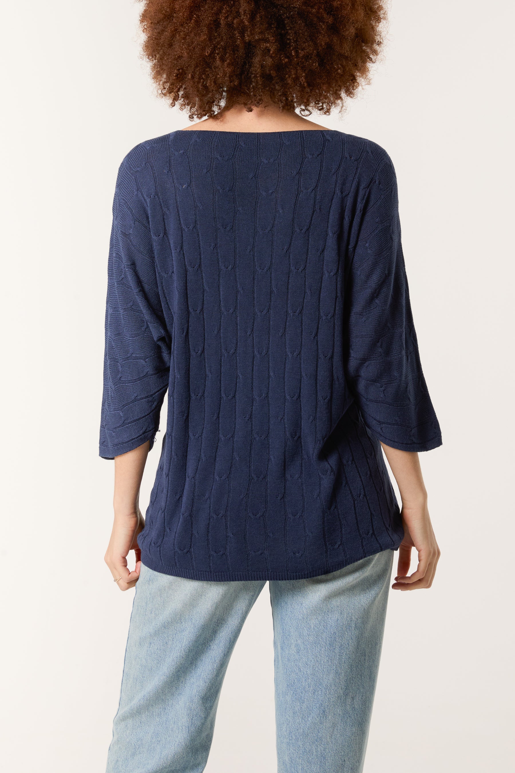 V-Neck Cable Knit 3/4 Sleeve Jumper