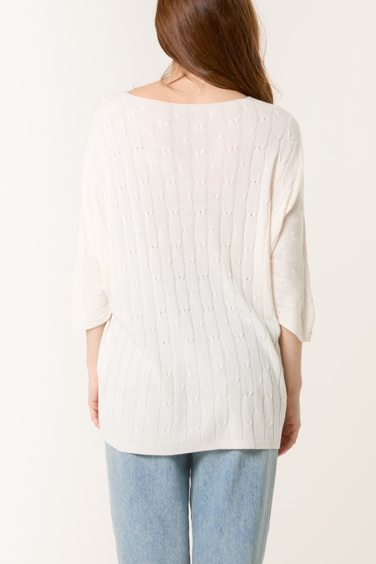 V-Neck Cable Knit 3/4 Sleeve Jumper