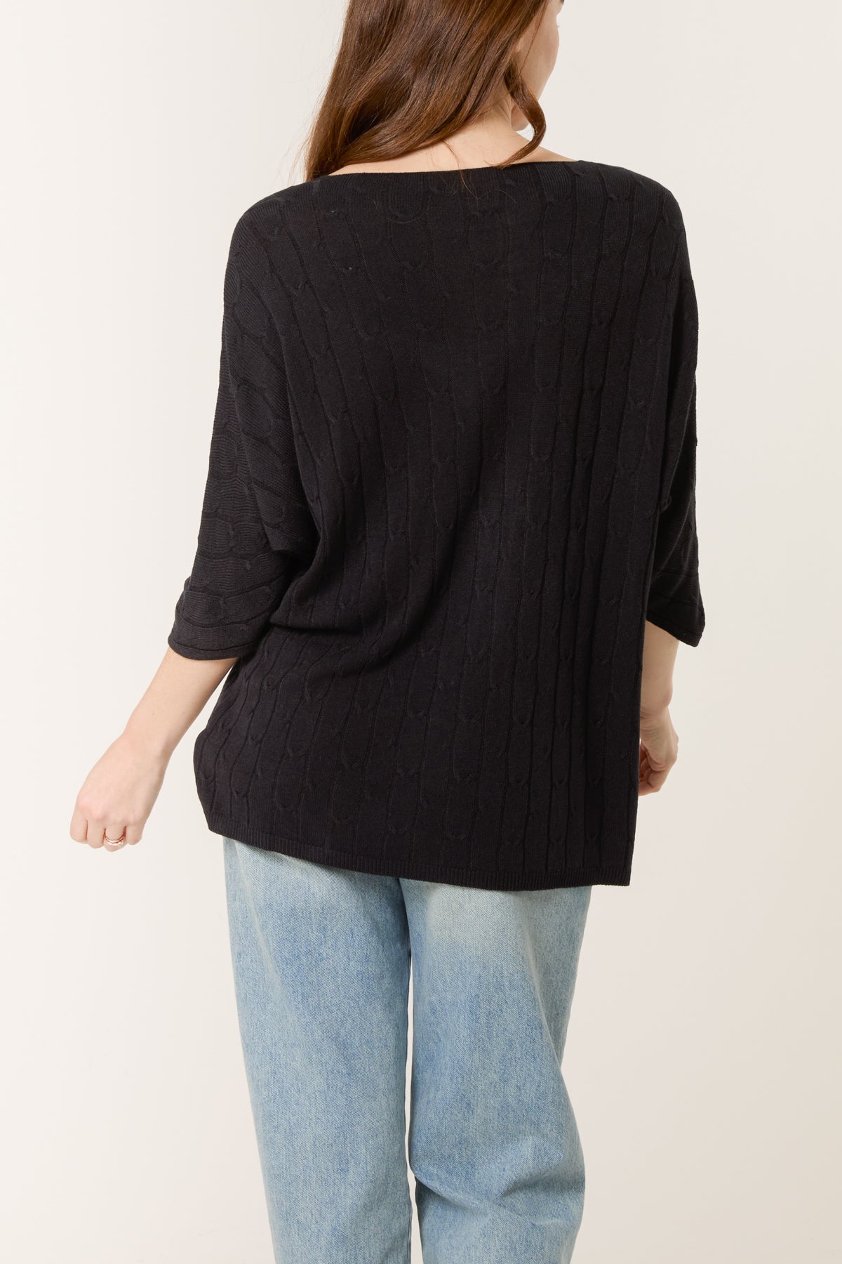 V-Neck Cable Knit 3/4 Sleeve Jumper