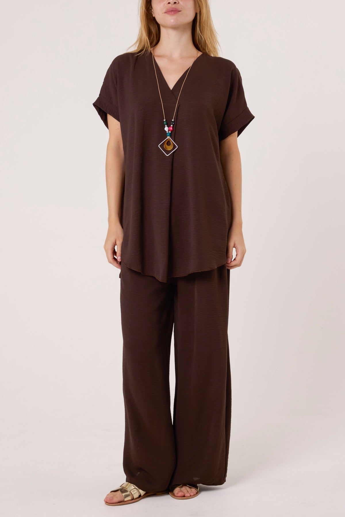 Necklace V-Neck Wide Leg Trousers Set