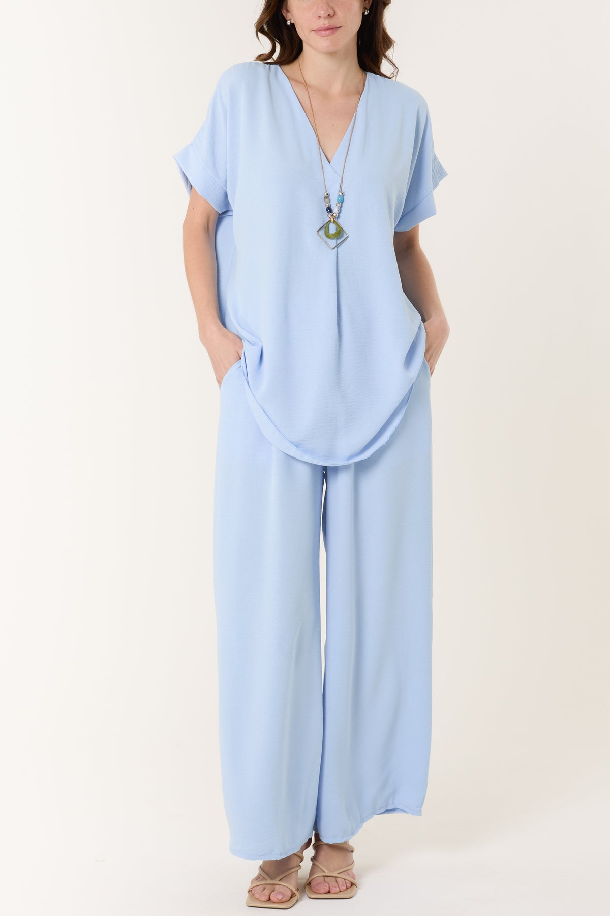 Necklace V-Neck Wide Leg Trousers Set