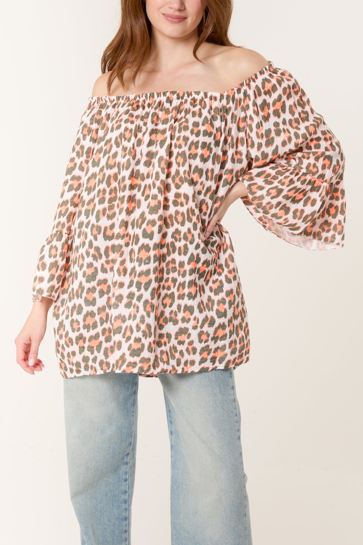 Leopard Print Bardot Cheesecloth Top