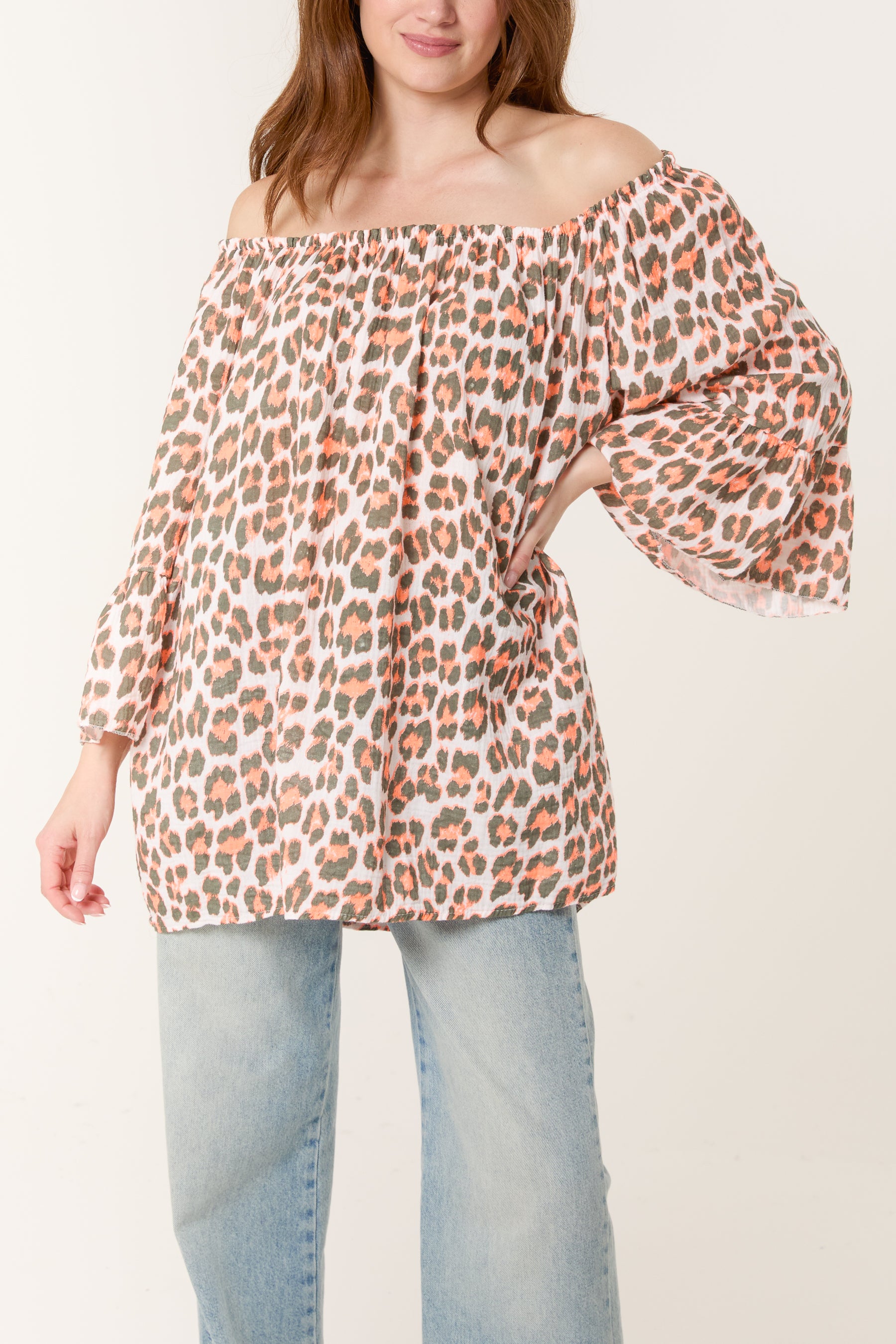 Leopard Print Bardot Cheesecloth Top