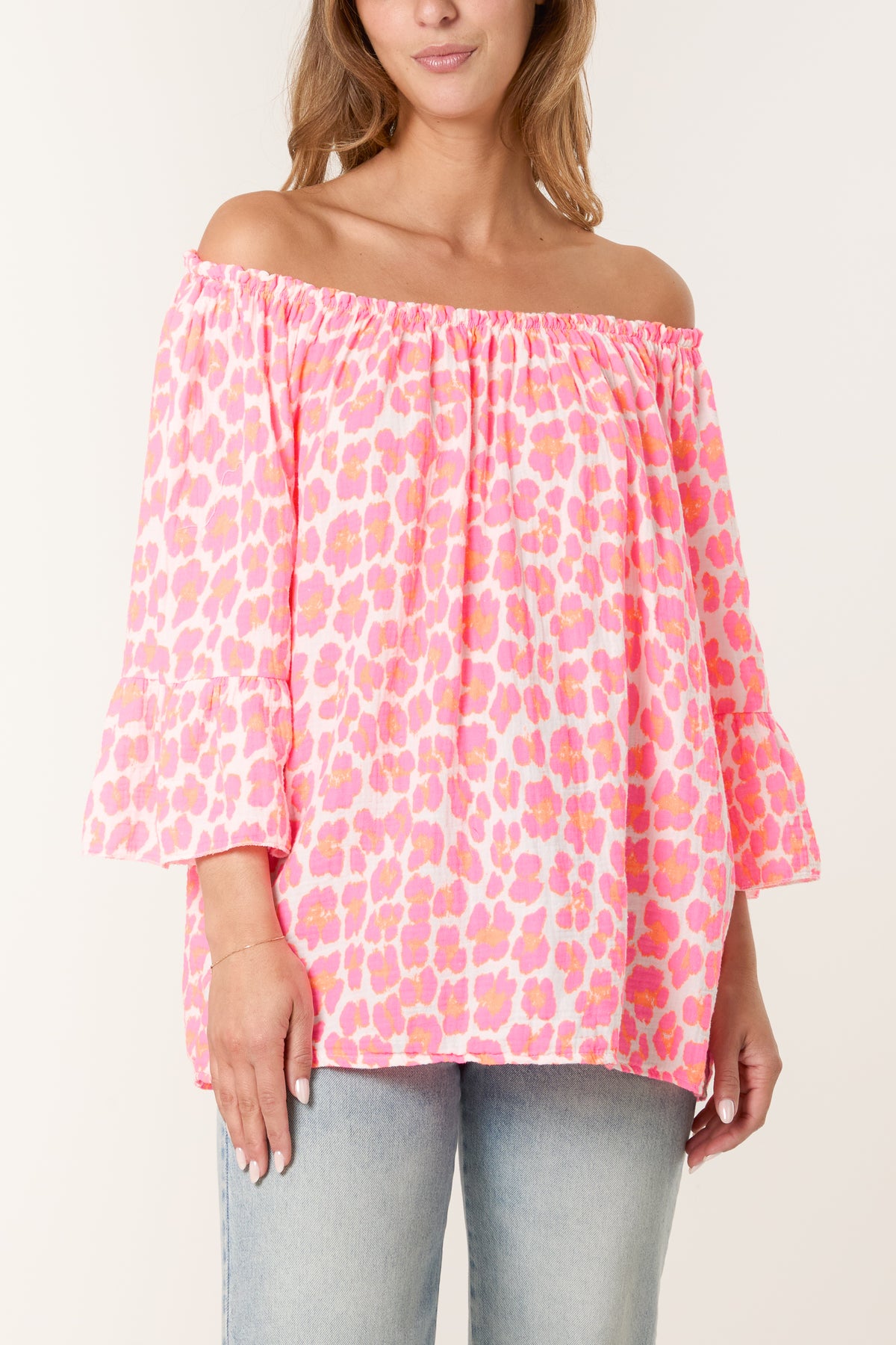 Leopard Print Bardot Cheesecloth Top