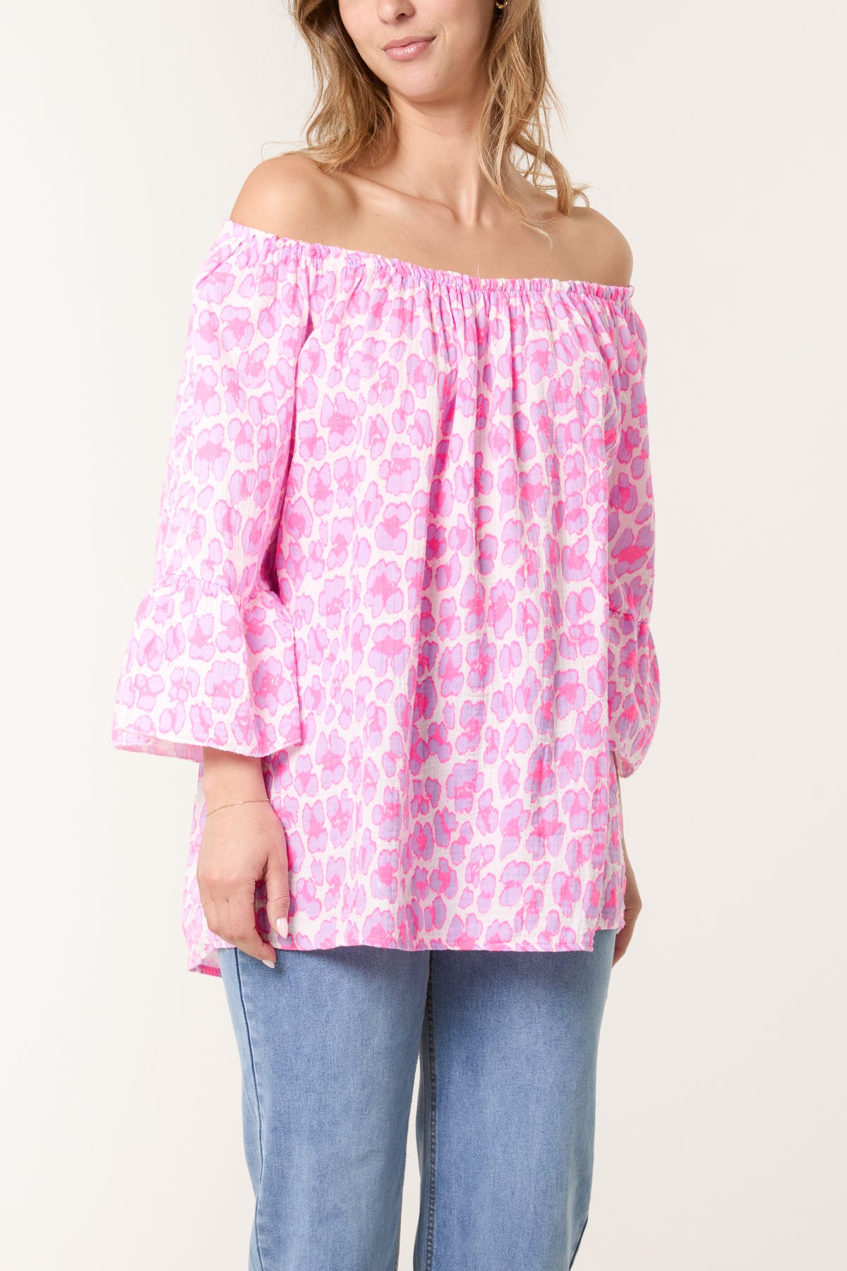 Leopard Print Bardot Cheesecloth Top