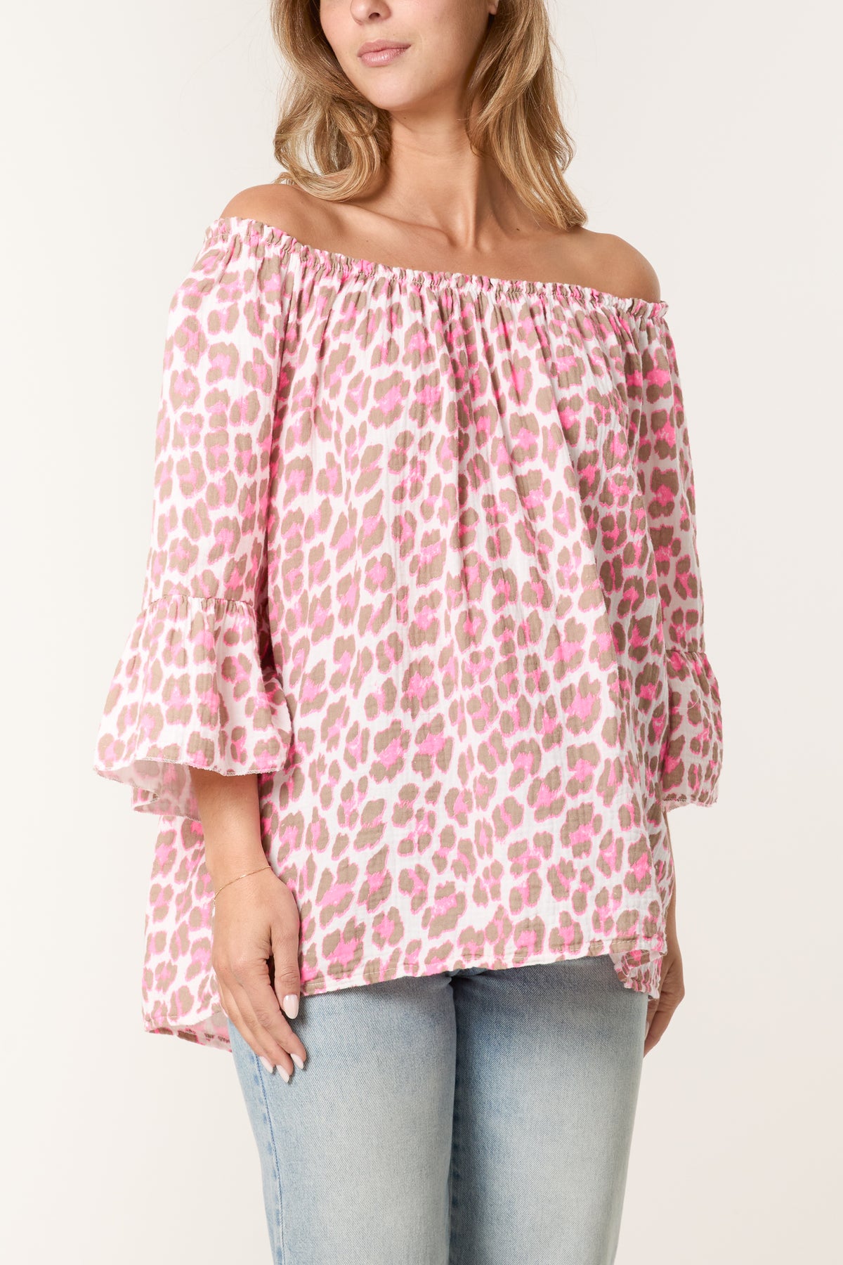 Leopard Print Bardot Cheesecloth Top