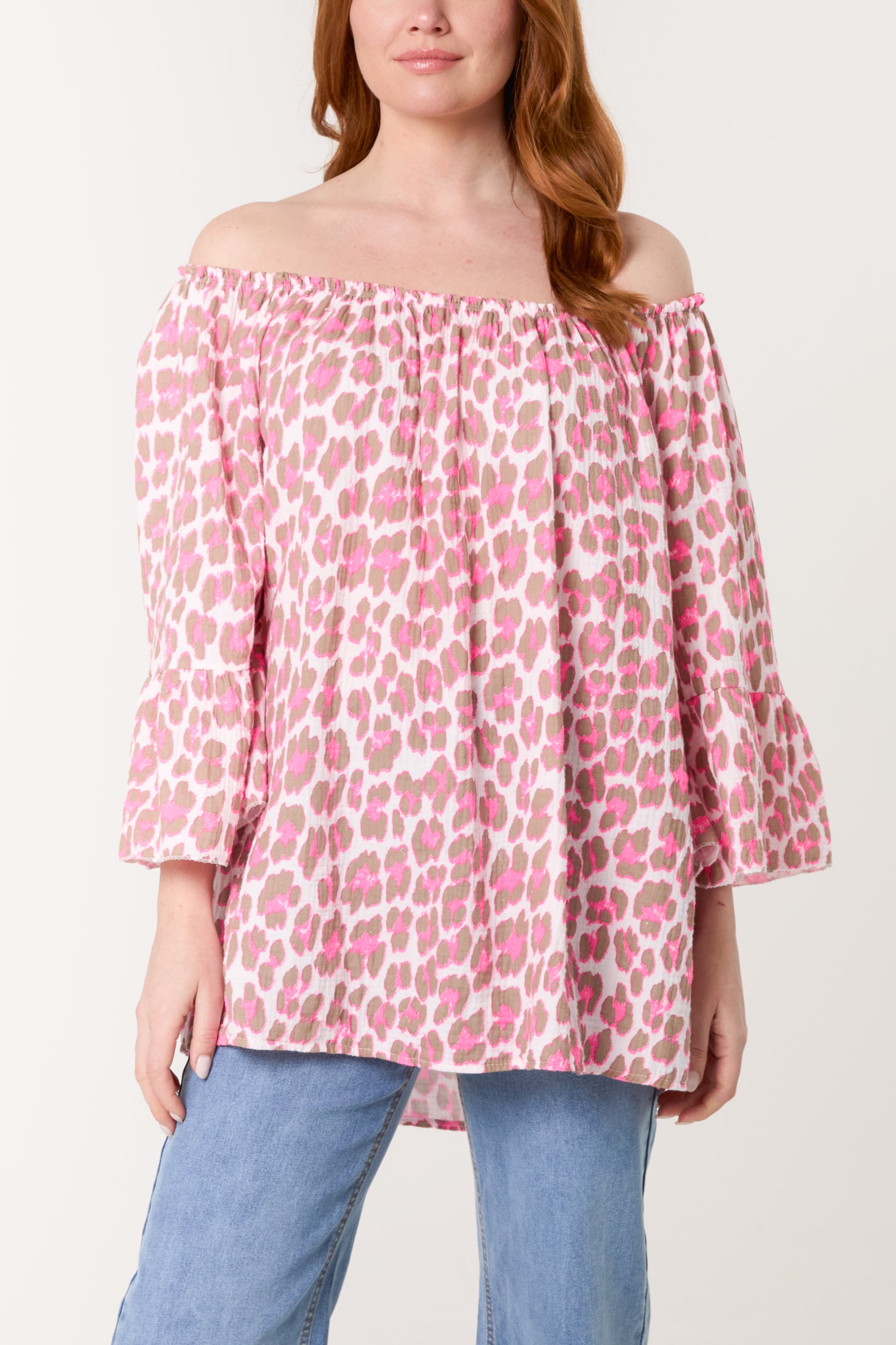 Leopard Print Bardot Cheesecloth Top