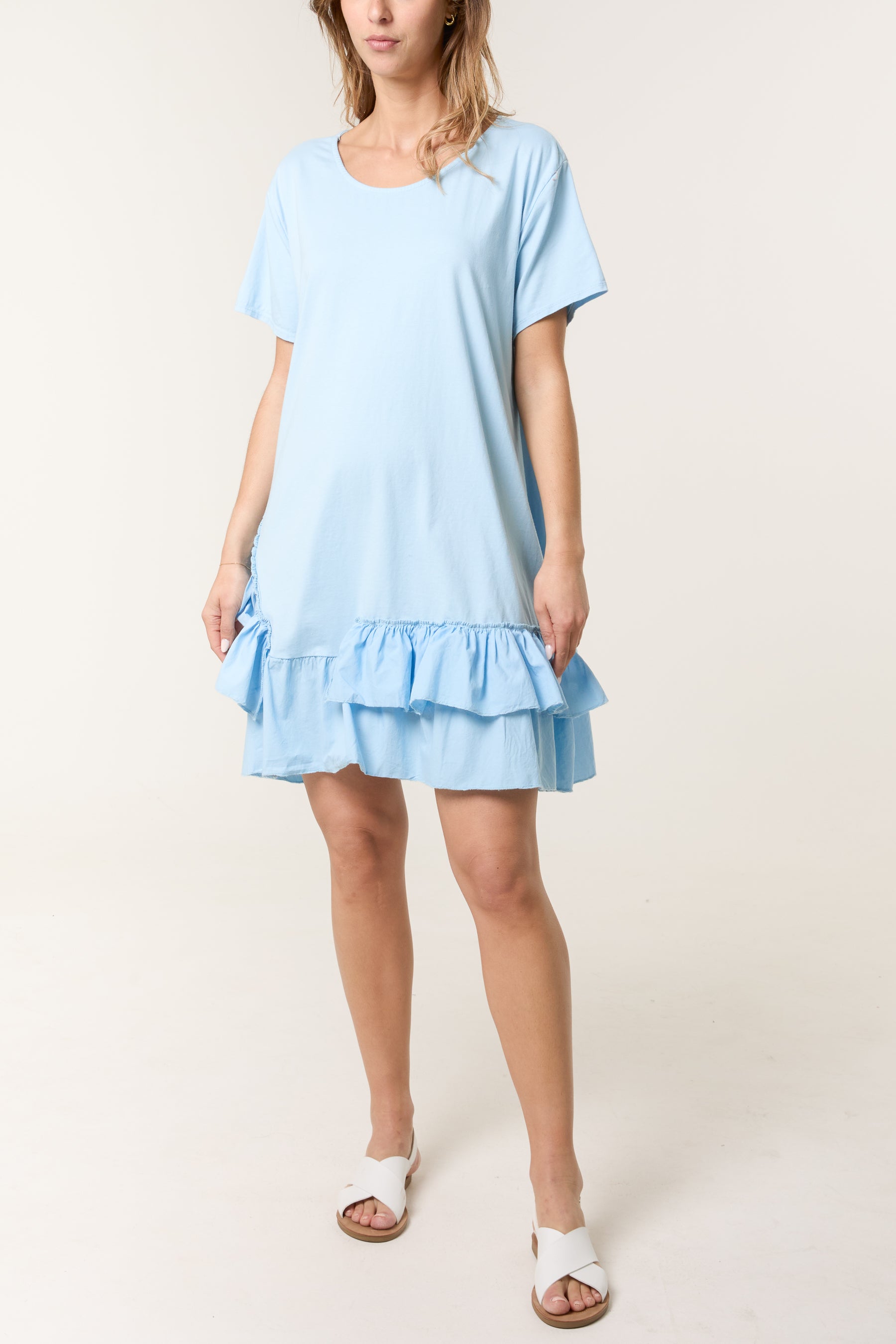 Cotton Blend Ruffle Hem Mini Dress