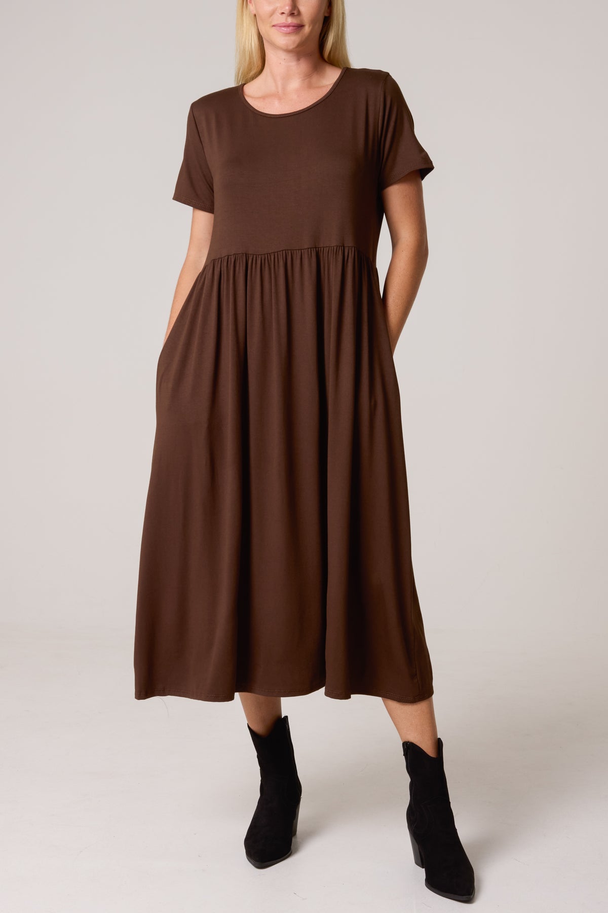Round Neck Stretch Tiered Midi Dress